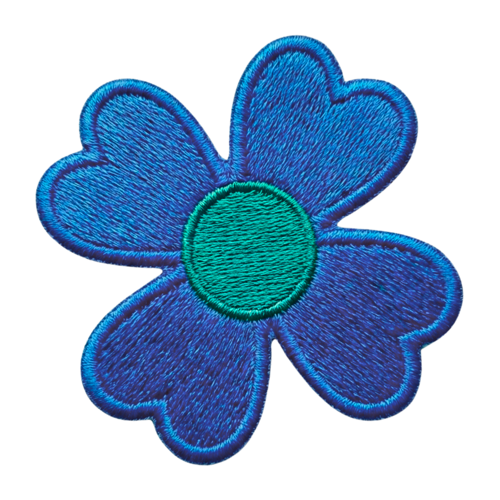 Embroidery patch of a blue flower with central green circle.