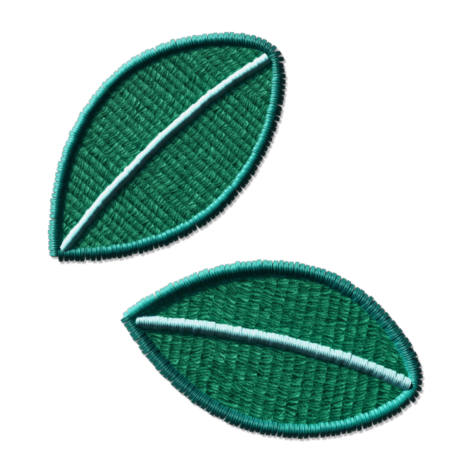 Digital embroidery of two green leaves with white veins on a black background.