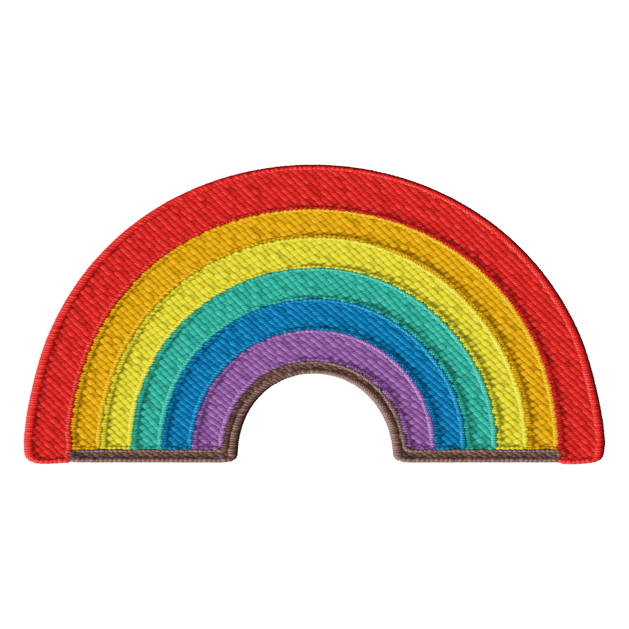 Colorful embroidered rainbow with red, orange, yellow, green, blue, purple, and brown arcs on a black background.