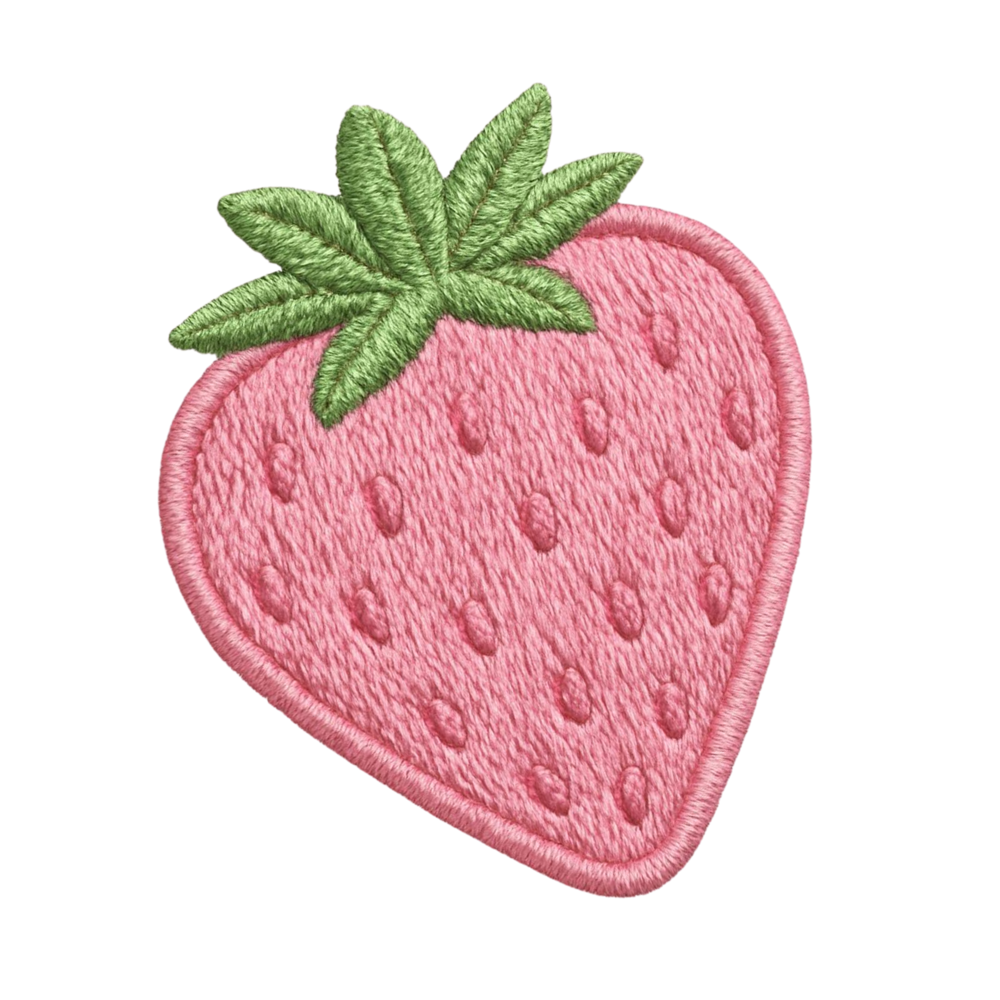 Pink embroidered patch of a heart-shaped strawberry with green leaves on top.