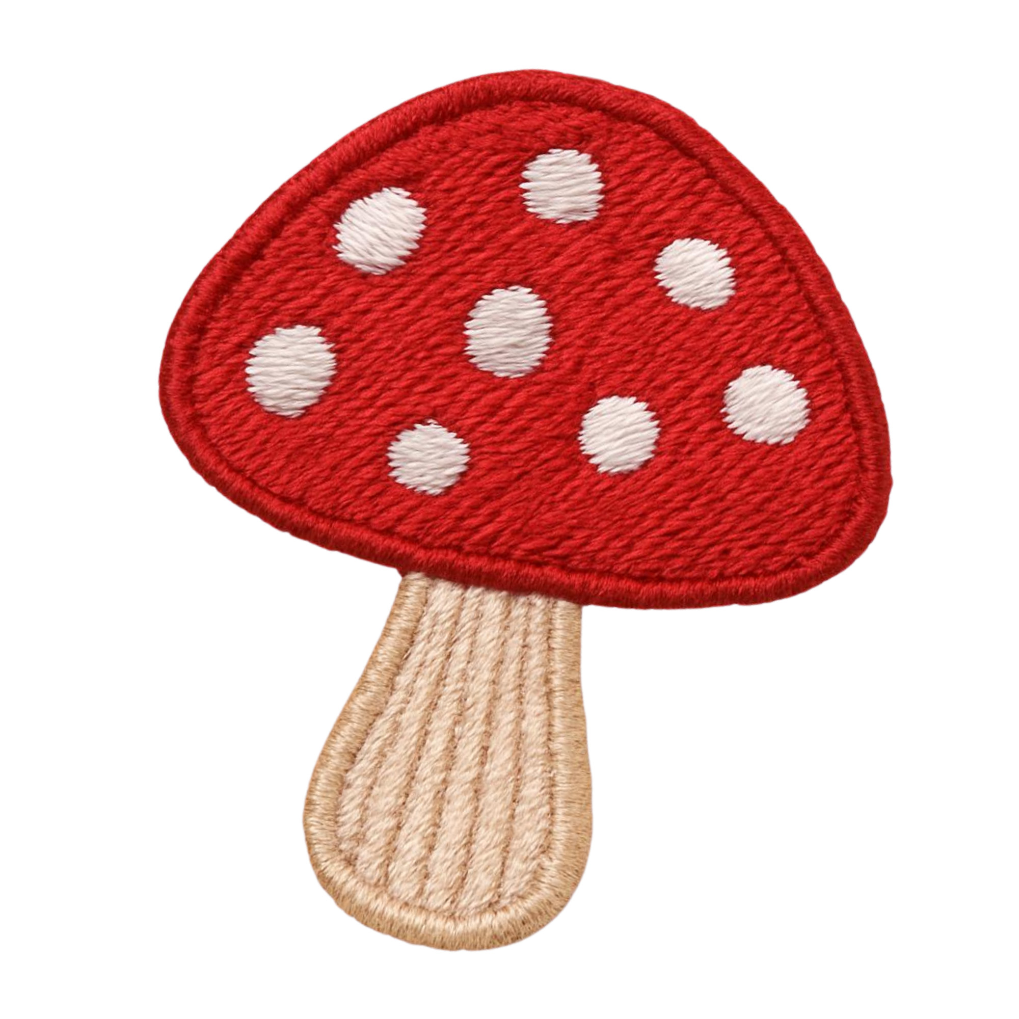 Embroidery patch of a red mushroom with white spots and a beige stem.