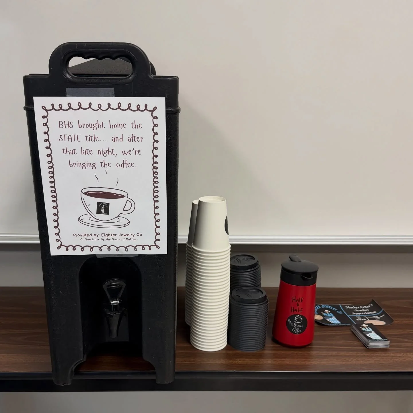 CONGRATS TO BHS SOCCER FOR BRINGING HOME THE STATE CHAMPIONSHIP!!! ⚽️ 🏆 

Thank you @eighter_jewelry_co for supporting local to support your teachers and staff today with much needed coffee after a long and late night! ❤️❤️❤️