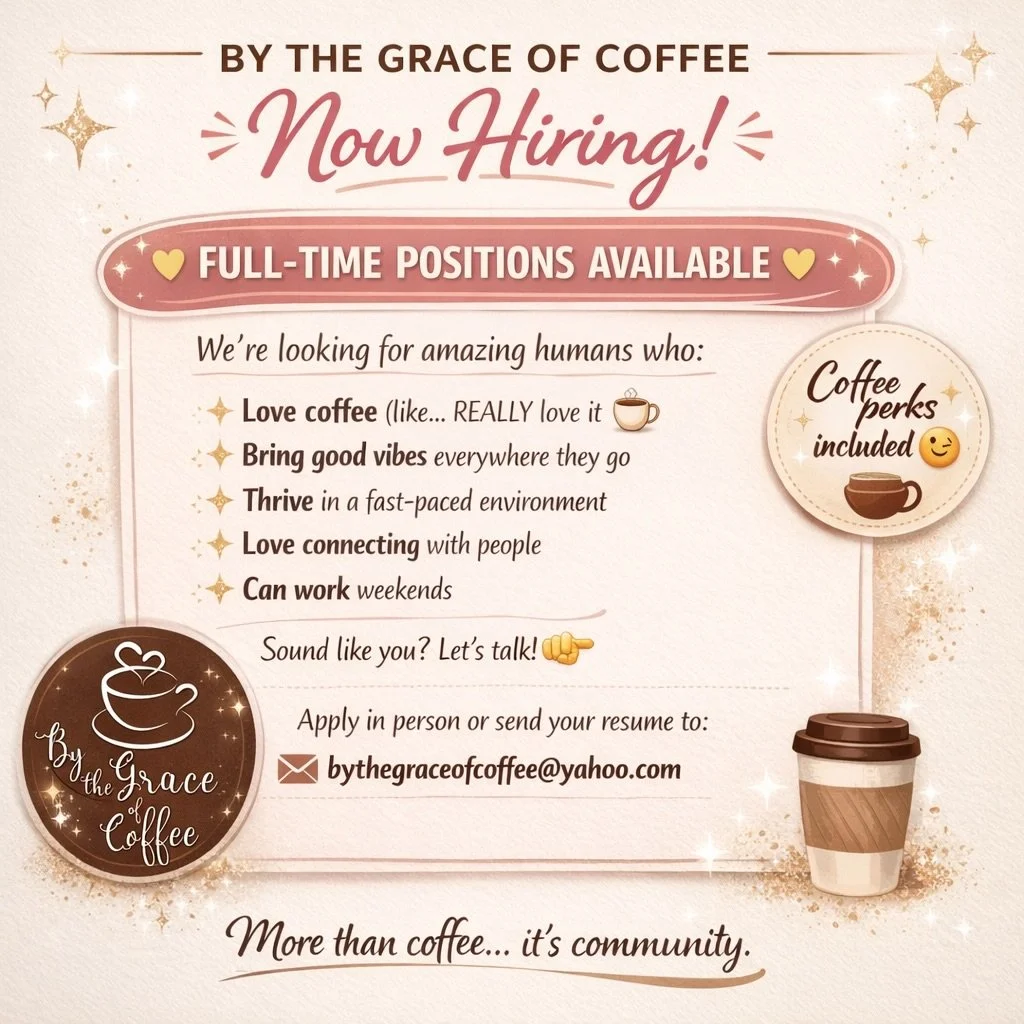 We&rsquo;re growing our coffee family 🤎☕️

By the Grace of Coffee is NOW HIRING full-time baristas!

If you love people, thrive in a fast-paced environment, and believe coffee is basically a personality trait&hellip; this might be your sign 👀✨

✨ G