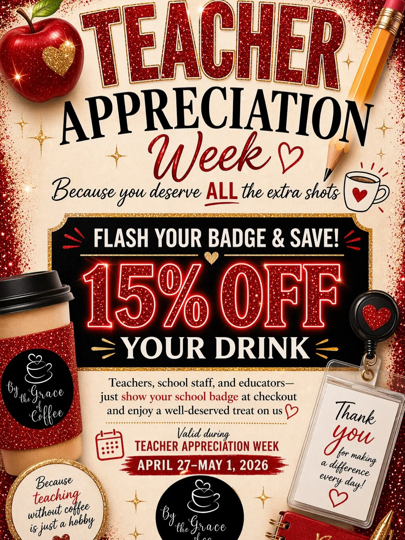 It&rsquo;s FLASH YOUR BADGE WEEK for us!!!

Calling all teachers!!! Be sure to come on through this week and grab yourself something delicious! Allow us to say THANK YOU for all that you do with a special discount just for you! 🫶🏼

Tag a teacher 👇