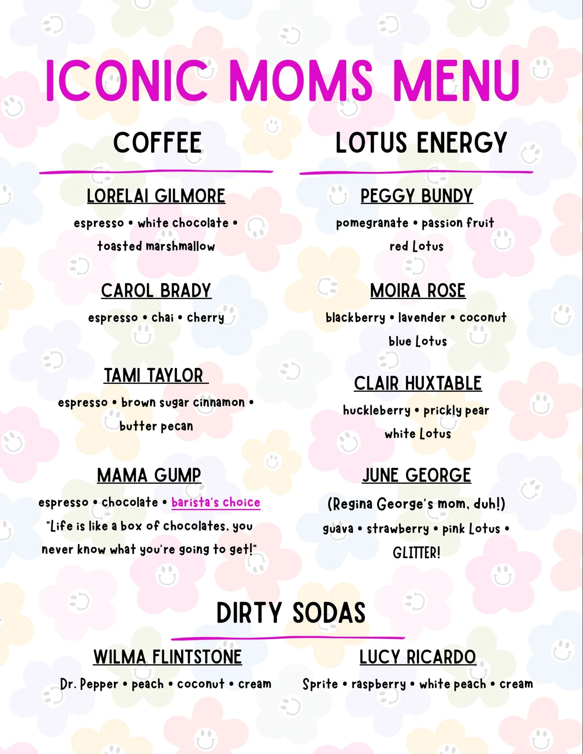 This Mother&rsquo;s Day, we&rsquo;re serving up a menu inspired by some of the most iconic moms of all time 💐☕✨

Because moms deserve more than flowers&hellip; they deserve a signature drink with their name on it 😉

From sweet &amp; classy to bold 