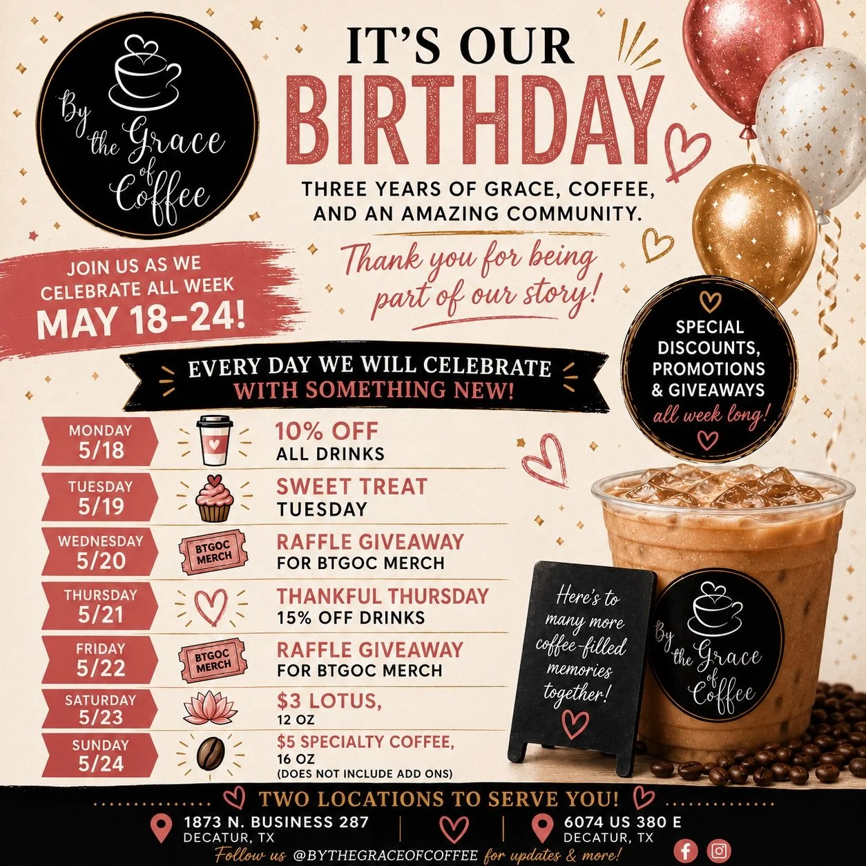By the Grace of Coffee is turning THREE next week, and we&rsquo;re celebrating ALL WEEK LONG May 18&ndash;24th with special drinks, giveaways, discounts, and surprises every single day! ☕✨

We truly couldn&rsquo;t have done this without the incredibl