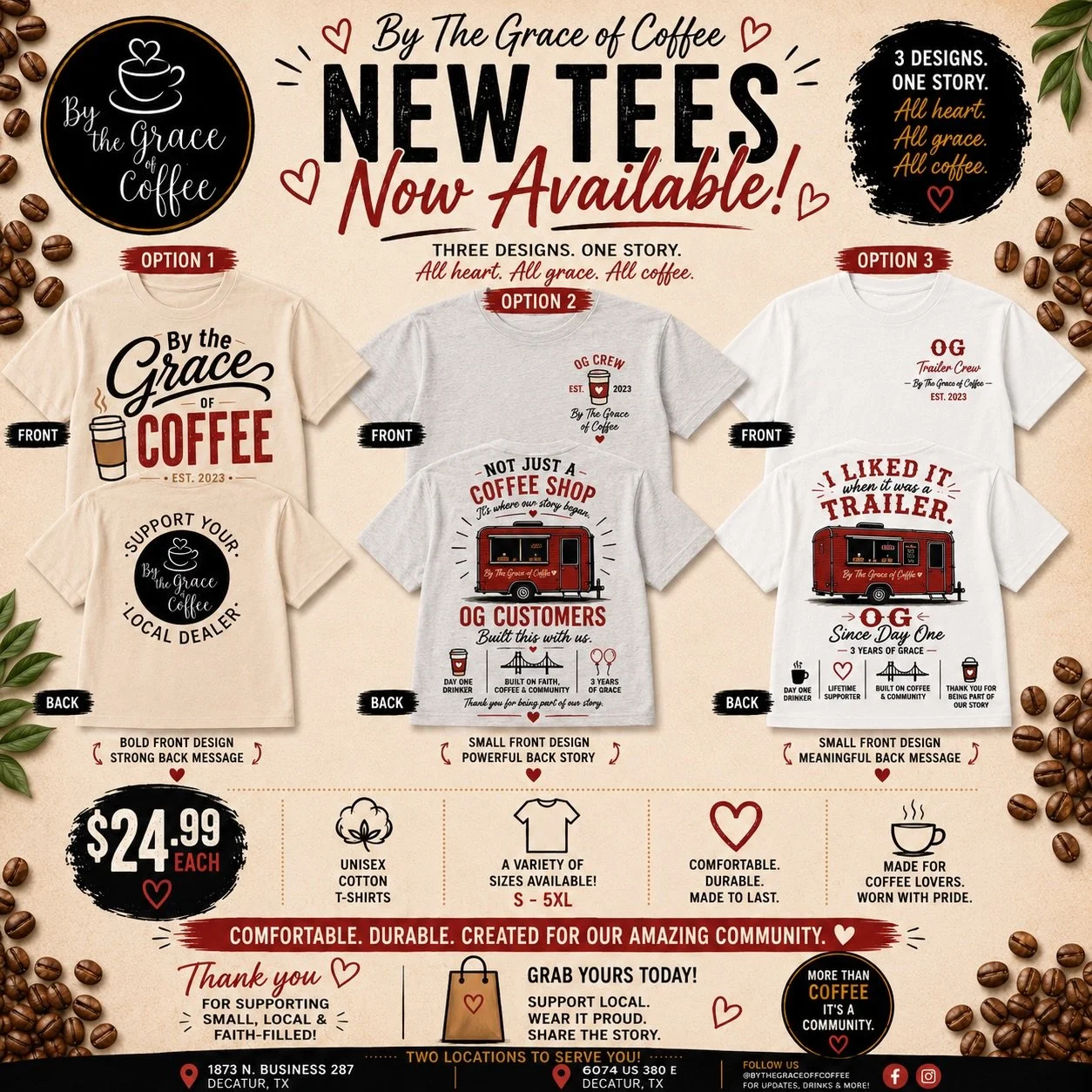 🚨 NEW MERCH JUST DROPPED 🚨

Our BRAND NEW By the Grace of Coffee tees are officially here and we are OBSESSED. ☕❤️

These designs are more than just t-shirts&hellip; they tell the story of our journey, our OG customers, our trailer days, and the in