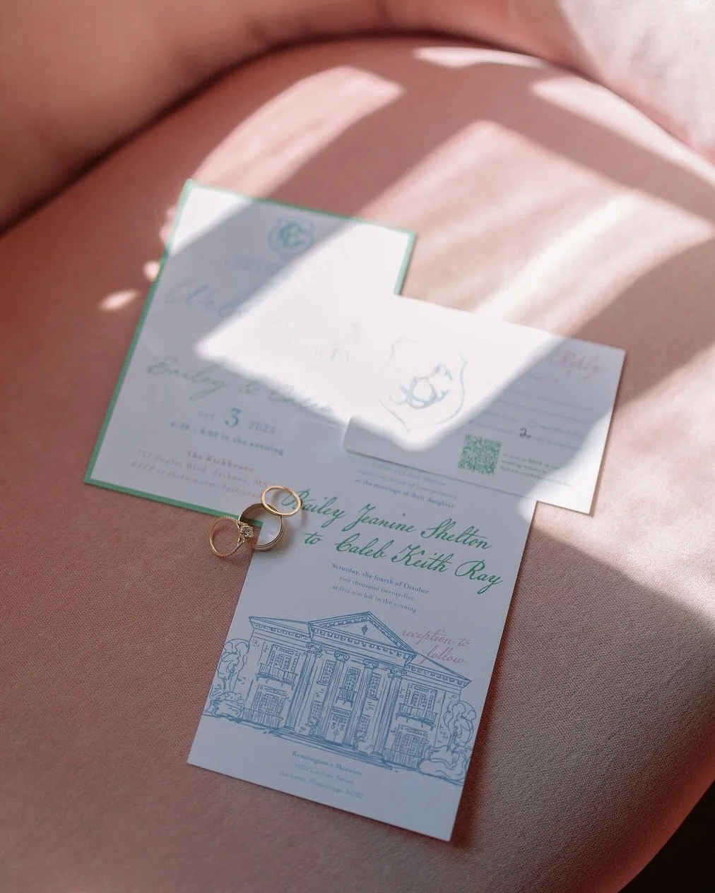 Wedding invitation suite for the lovely Bailey + Caleb, who celebrated over the weekend 🍸 Beautifully captured by @castrocollectivephoto 

Pink, green, and blue never fail 🫒🌸🩵 This set was such a joy to design - full of life with a touch of whims