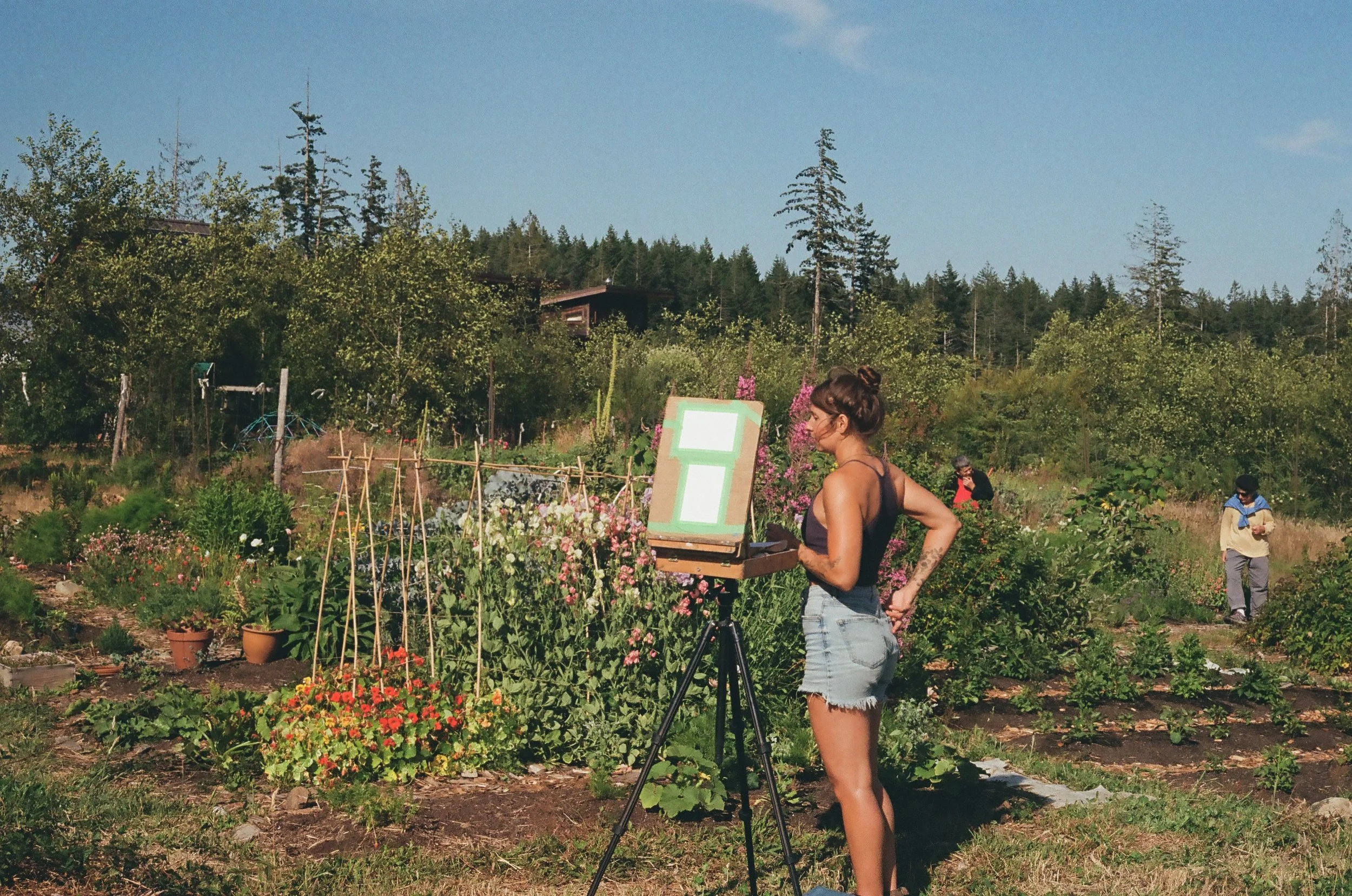 A woman standing in a garden with plants and flowers, using an easel on a tripod, with three other people in the background, under a clear blue sky.