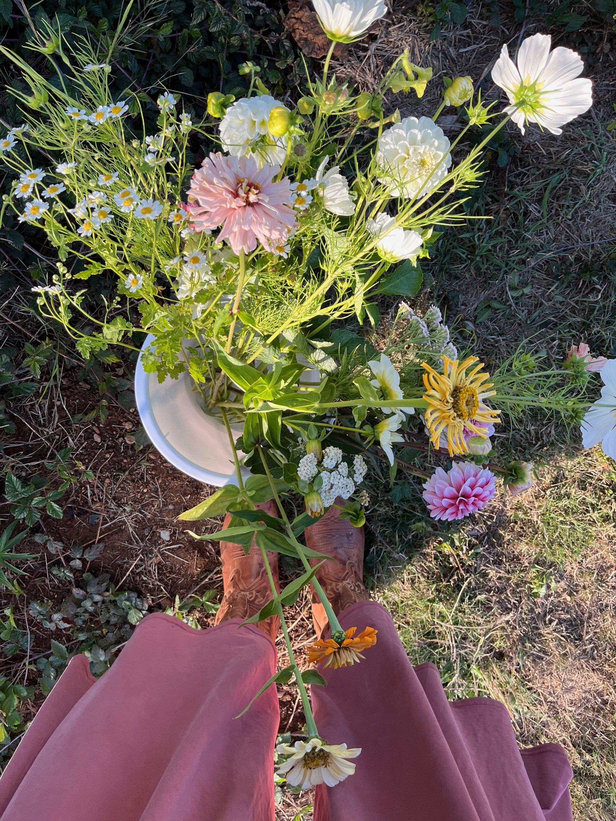 Overhead view of a person standing on grass holding a bouquet of various colorful flowers, including daisies, cosmos, and zinnias, with the person's pink skirt and brown boots visible.