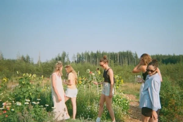 Six young women walking through a sunflower field on a sunny day, some are talking and one is using her phone.