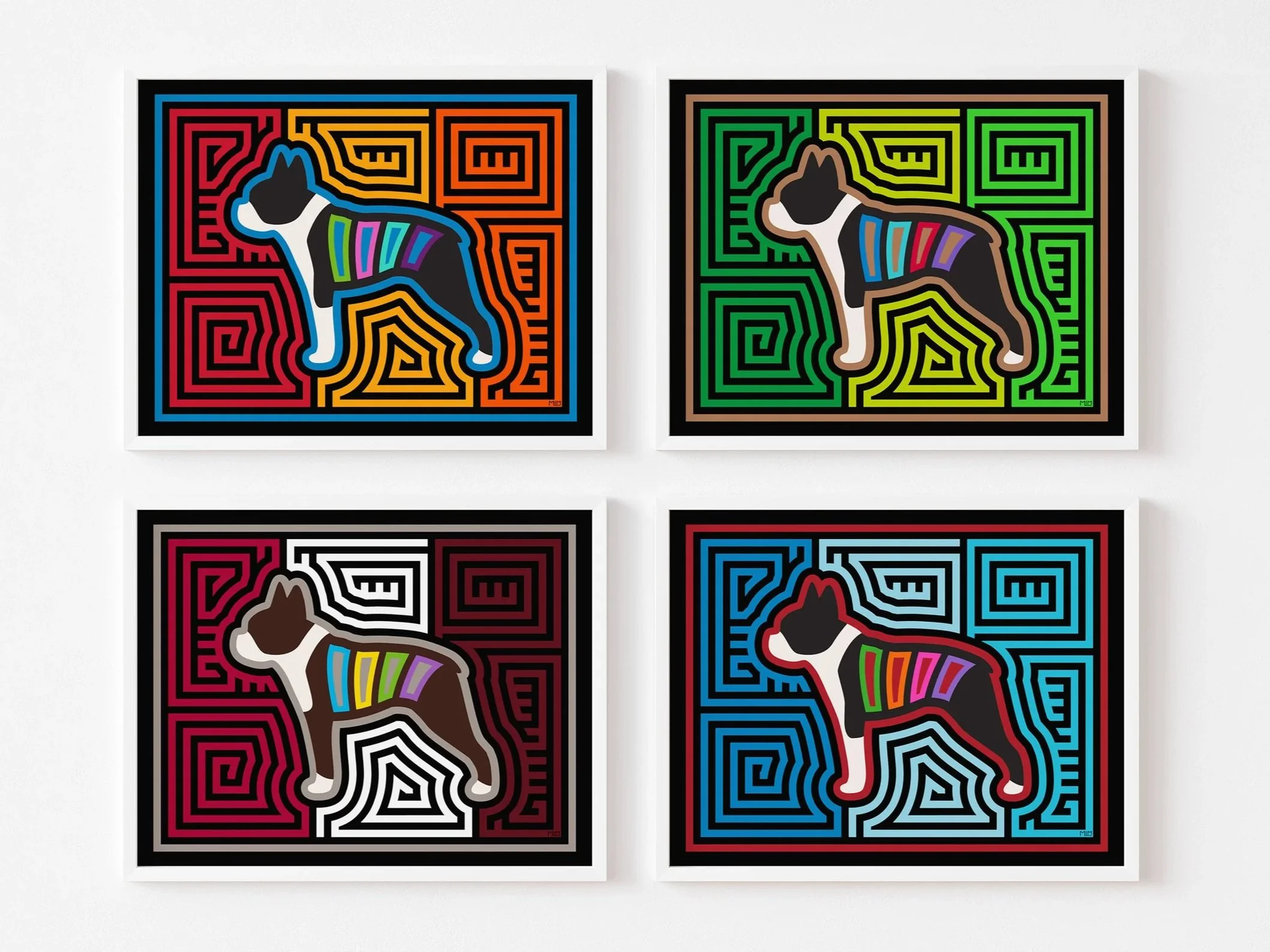 Boston Terriers with different backgrounds.