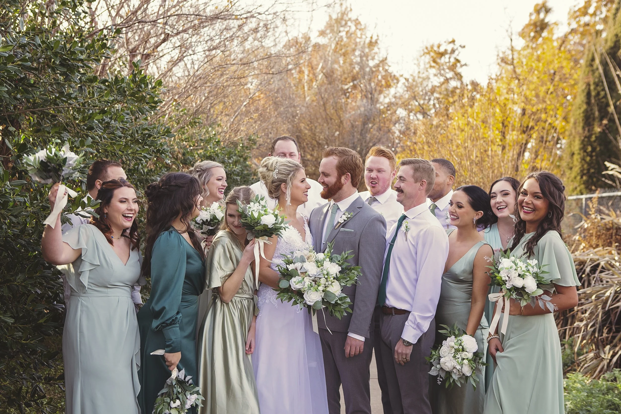 A large wedding party in sunset