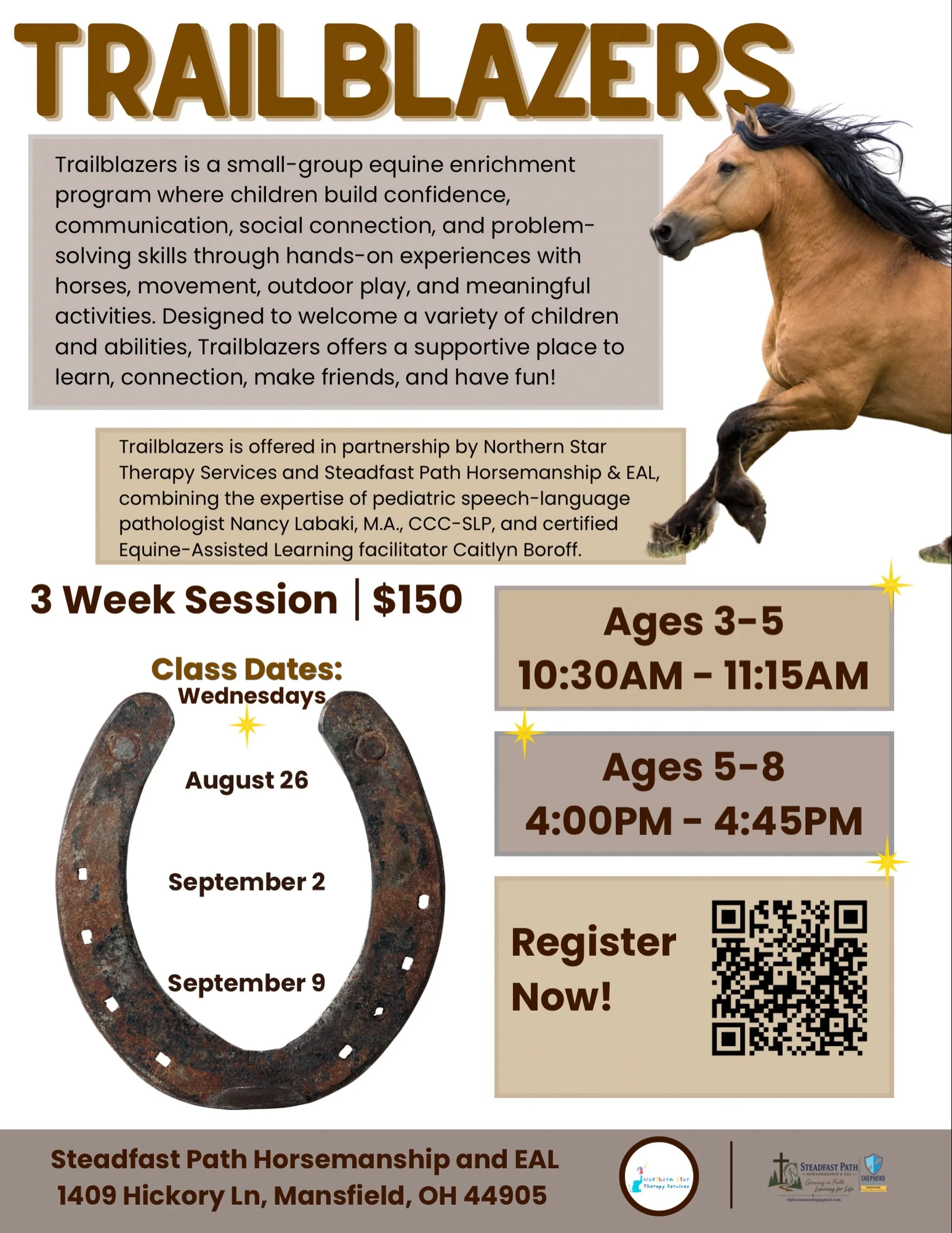 Trailblazers starts TOMORROW! 🐴

Our morning class is full, but we still have room in our 4:00 PM class for ages 5&ndash;8.

Trailblazers is a small-group equine enrichment program where kids build communication, confidence, social connection and pr