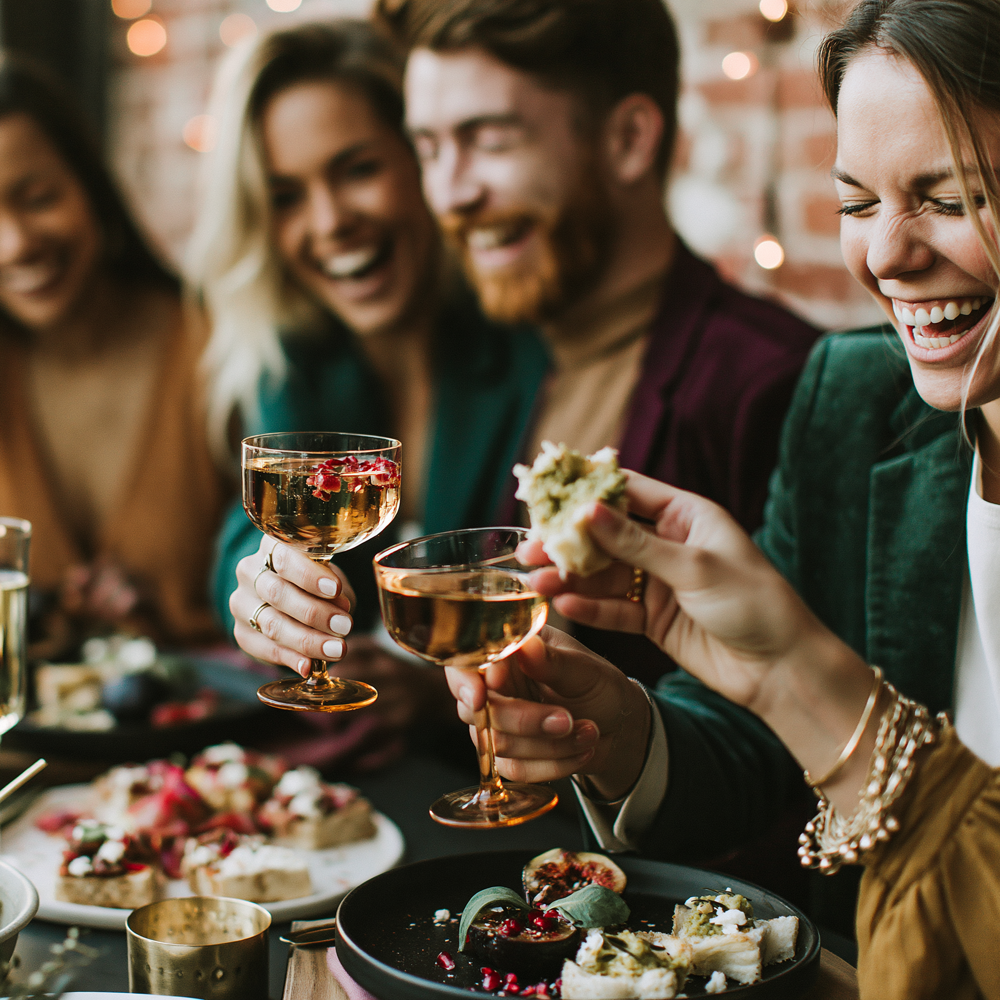 employees cheers with wine and food at corporate meeting event celebration incentive trip