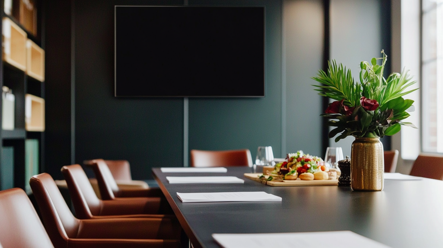corporate event with table set up with flowers and food