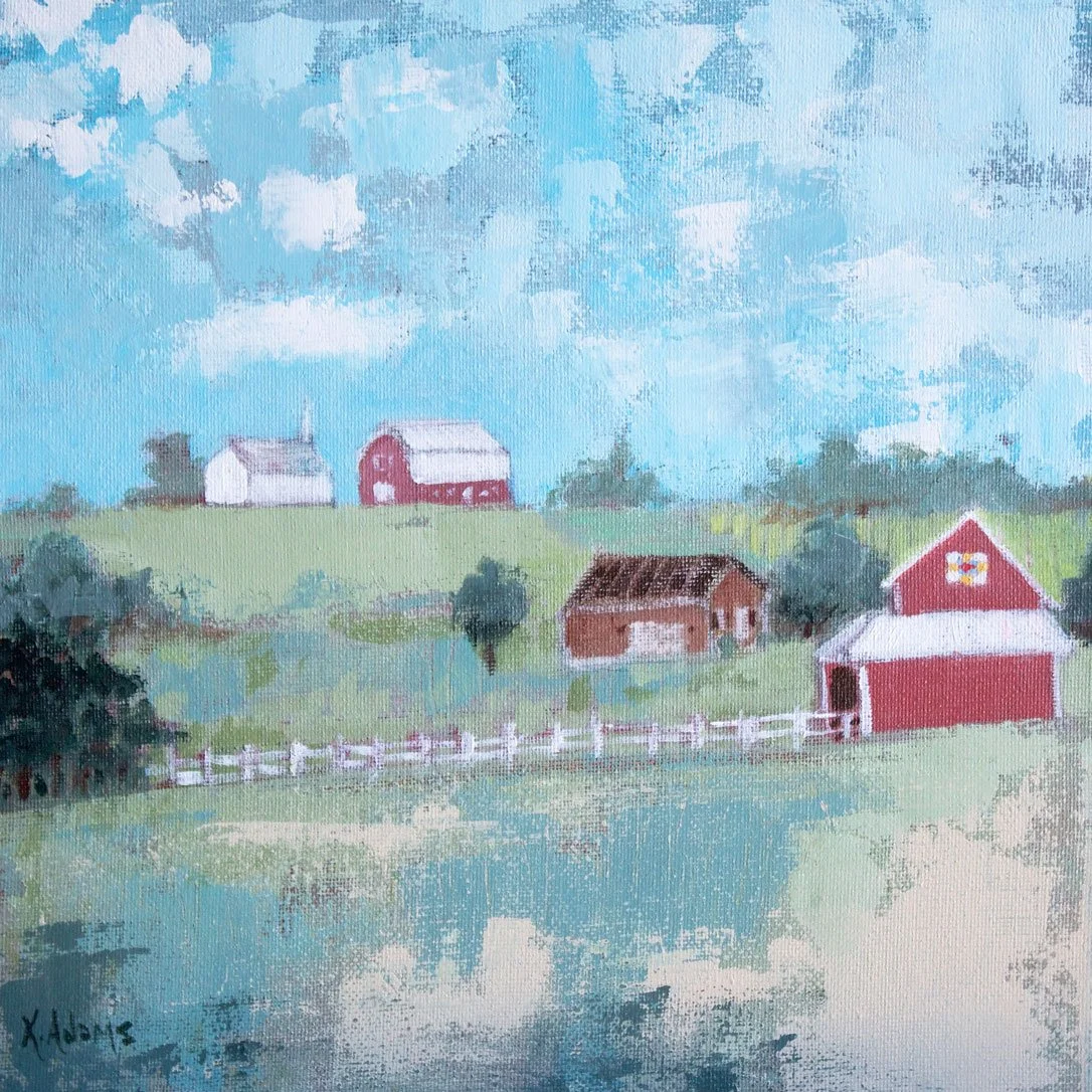 Painting of a rural farm landscape with red barns, a white fence, and trees under a cloudy blue sky.