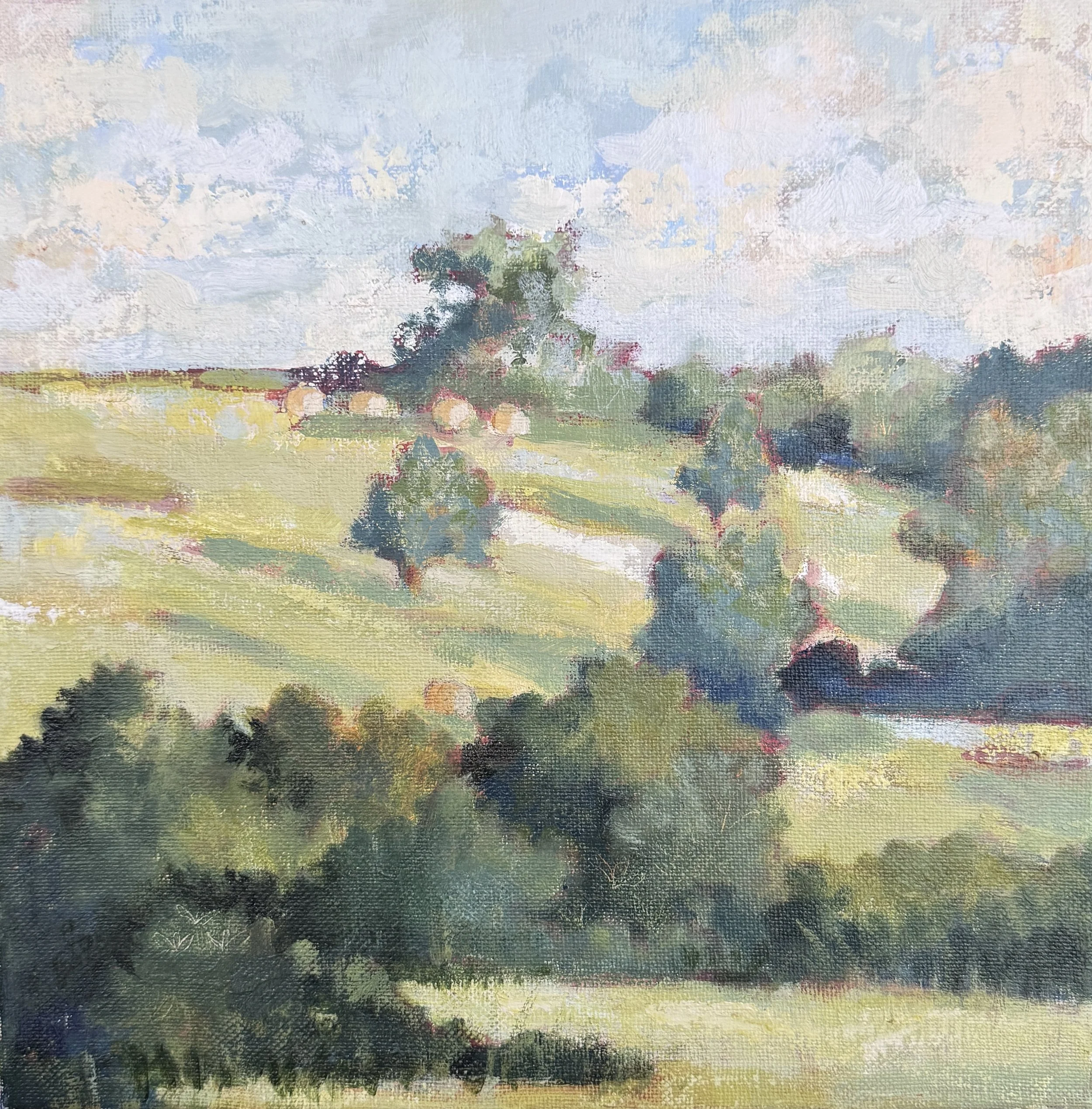 Rolling hills and farmland with hay bales painted in acrylic on canvas in a painterly style
