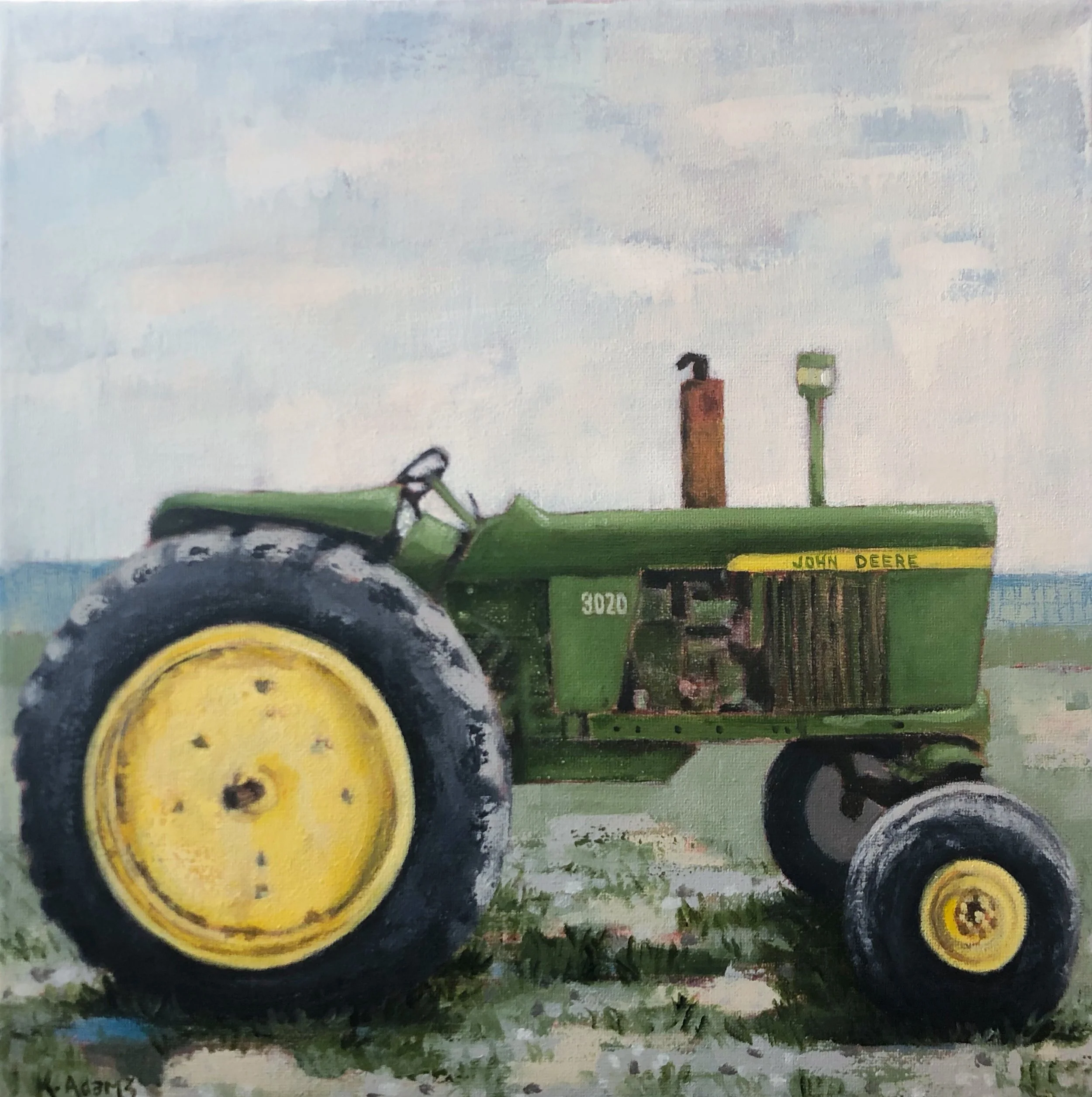 Painting of a green John Deere 3020 tractor with large yellow wheels in a rural field setting.