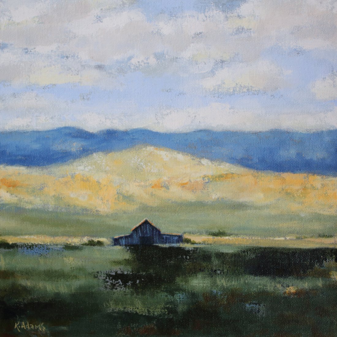 Landscape painting of a rural scene with a barn, grassy fields, and distant mountains under a cloudy sky.