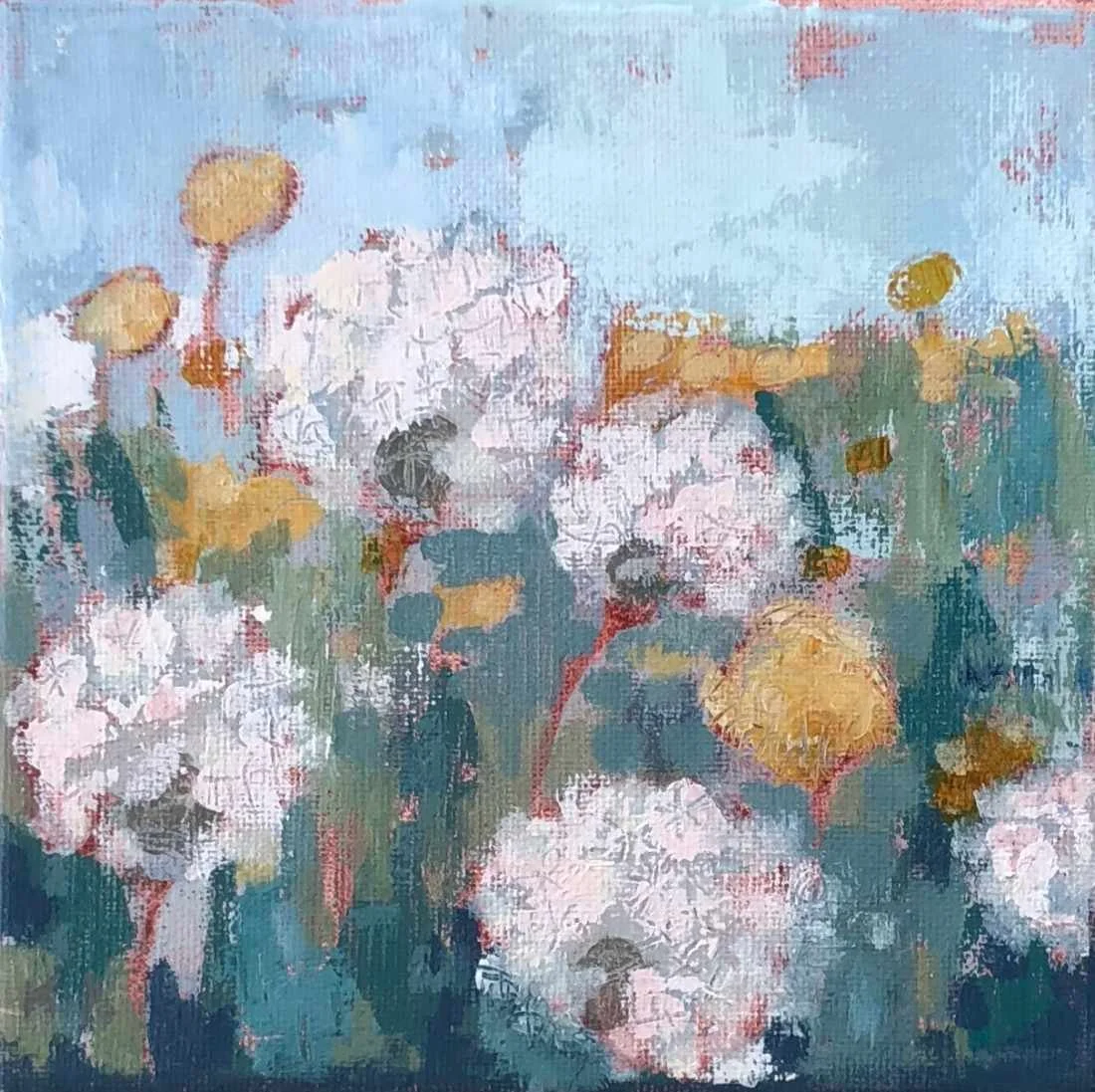 Abstract painting of dandelions with fluffy white and yellow heads against a light blue background.