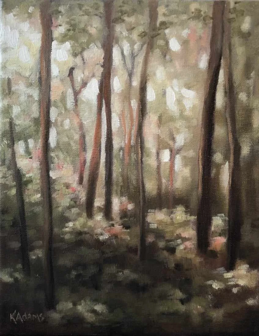A painting of a forest with tall trees and dappled sunlight filtering through the canopy. The scene is lush with undergrowth, giving a sense of depth and serenity.