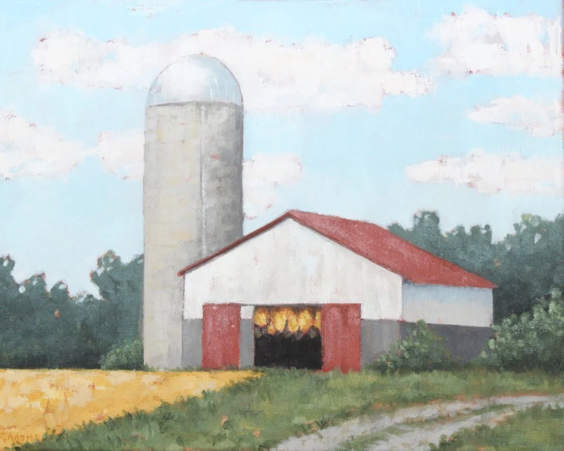 Painting of a rural scene with a white barn, red roof, and adjacent silo under a blue sky with clouds.