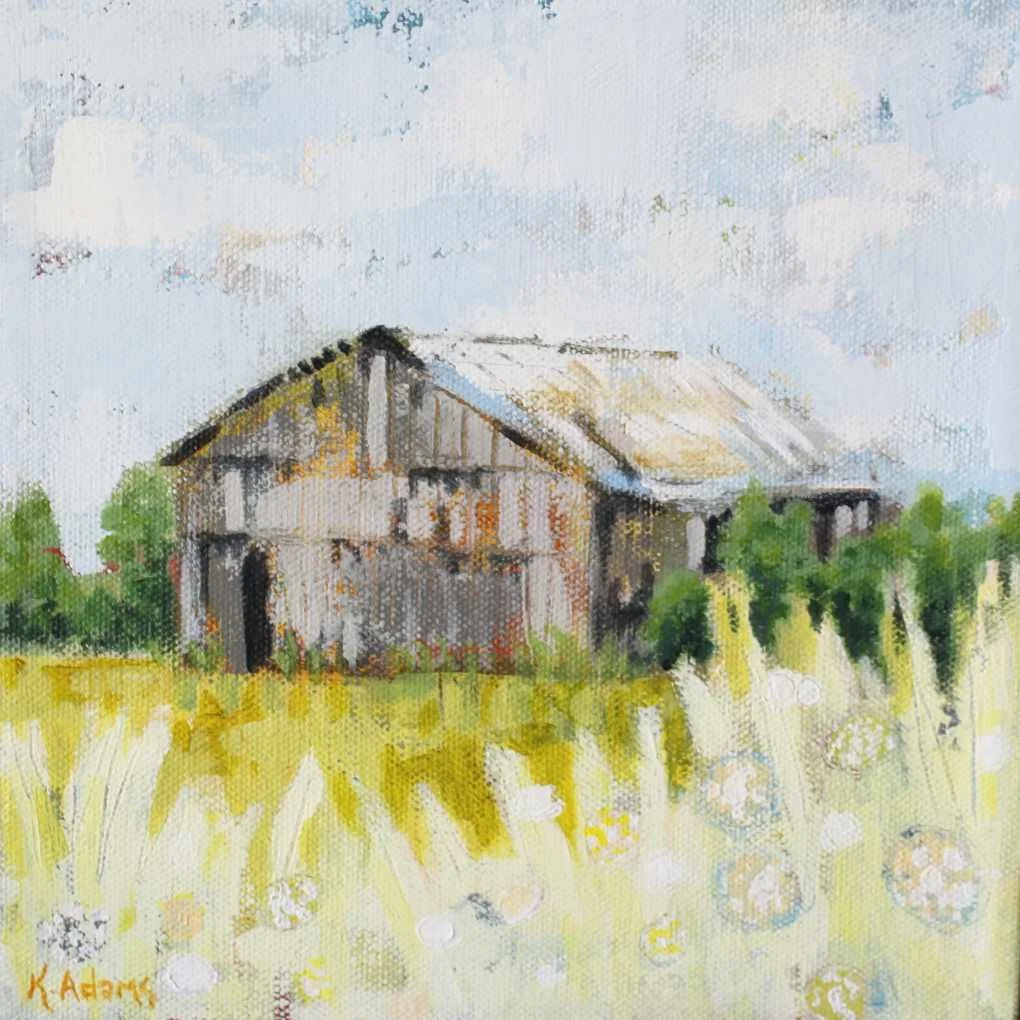 A rustic barn stands in a field surrounded by wildflowers and greenery under a partly cloudy sky in an impressionist style painting.