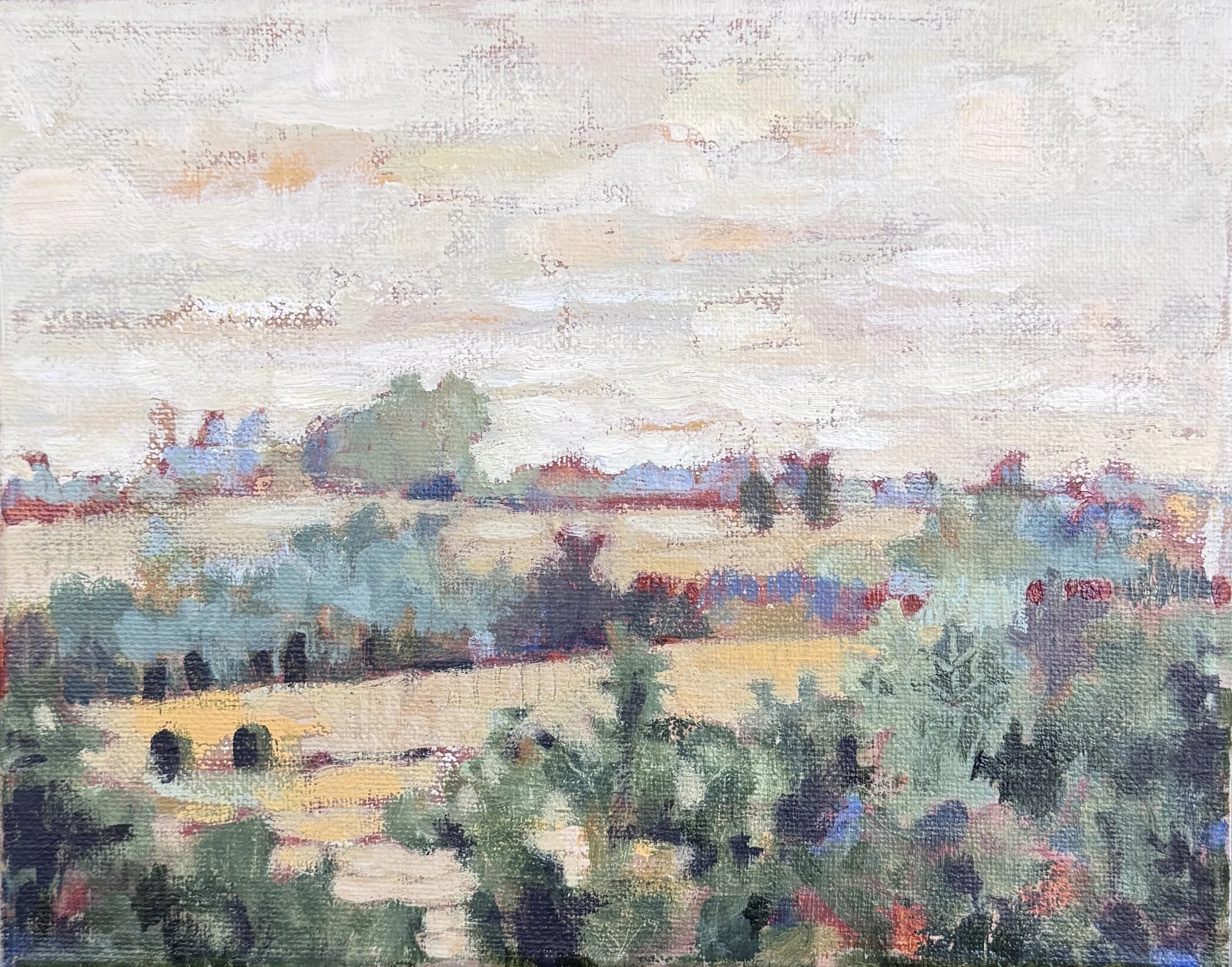Painting on canvas of rolling hills at harvest time yellow skies and early autumn trees