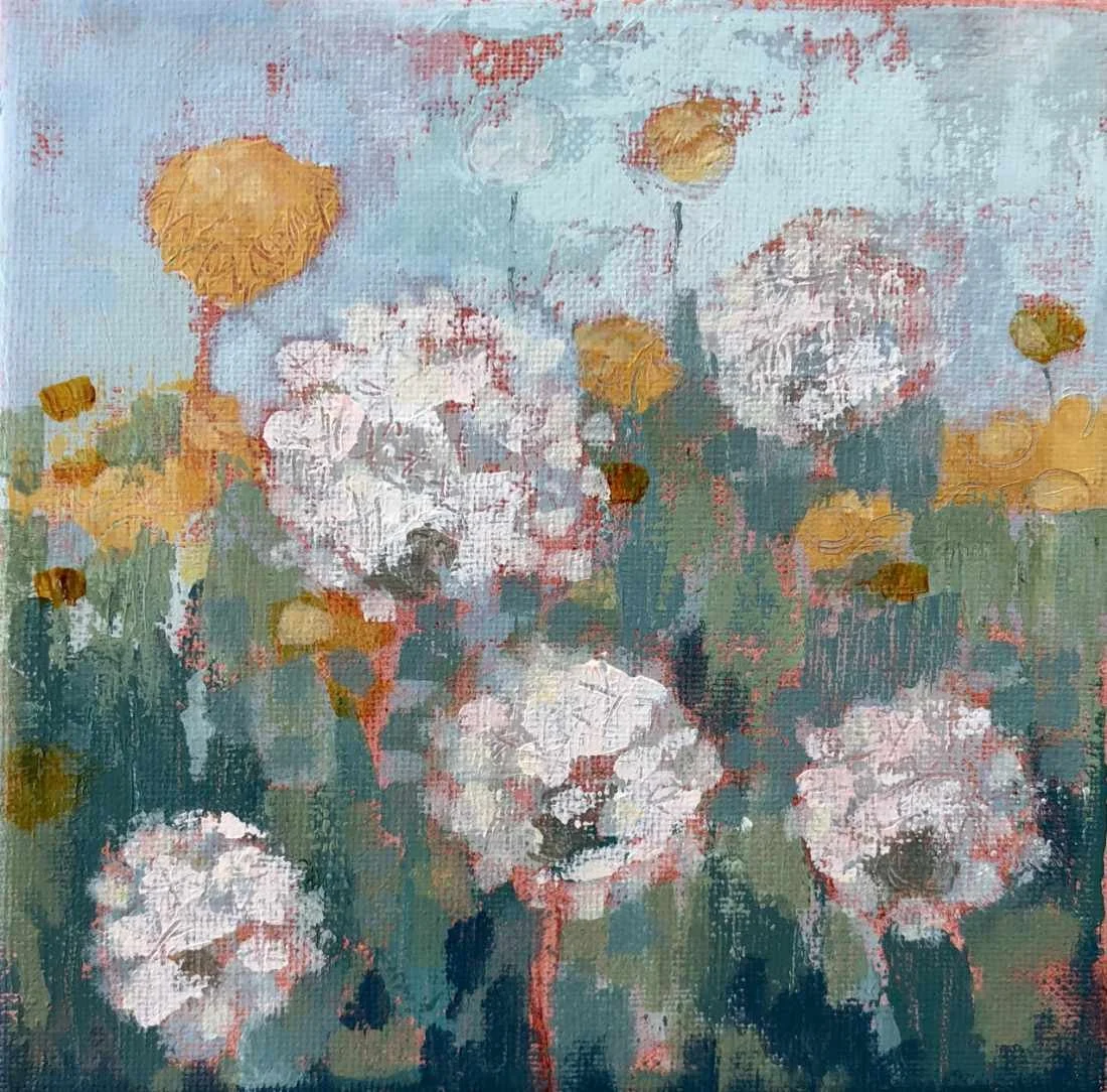 Abstract painting with white and yellow flowers