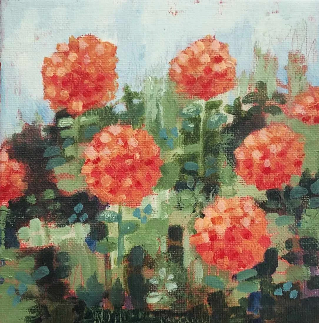 Painting of vibrant orange flowers with green leaves against a light blue background.