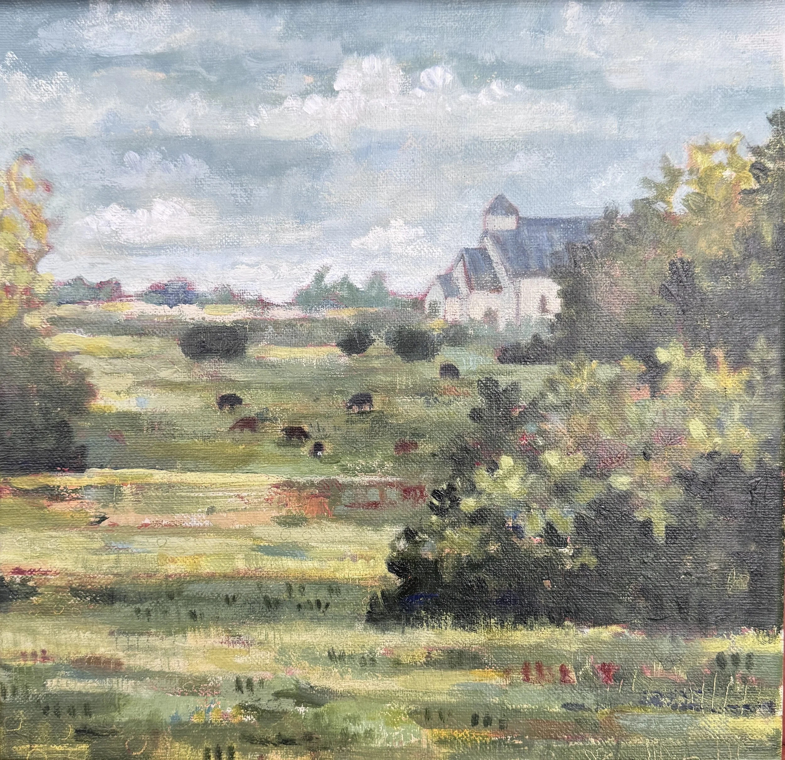 Pastoral landscape of rolling hills, cows and a white church. Painted on canvas with acrylics in a painterly style