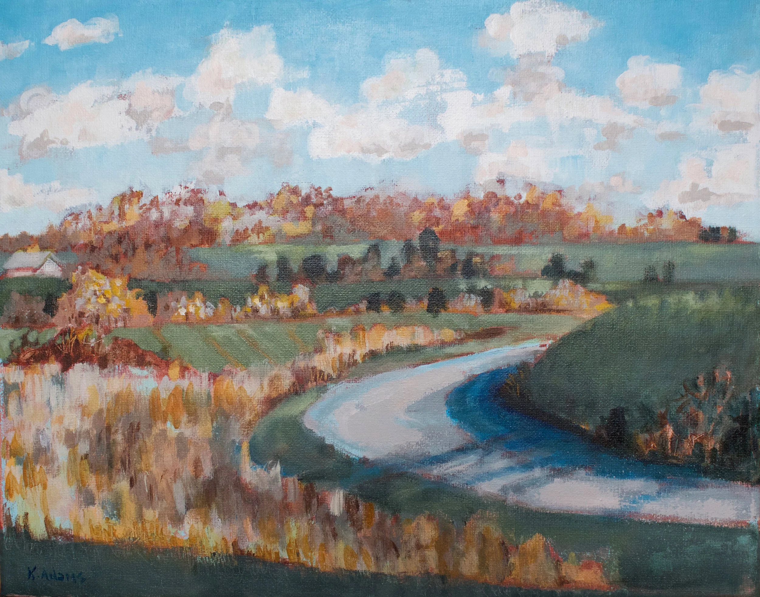 Landscape painting depicting a winding road, green fields, and colorful autumn trees under a blue sky with white clouds.