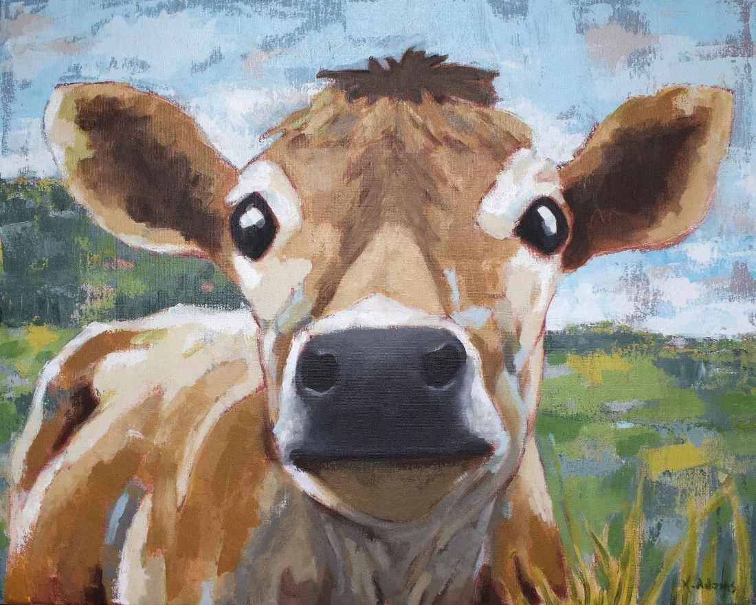 Close-up painting of a cow's face with large eyes and a green field background.