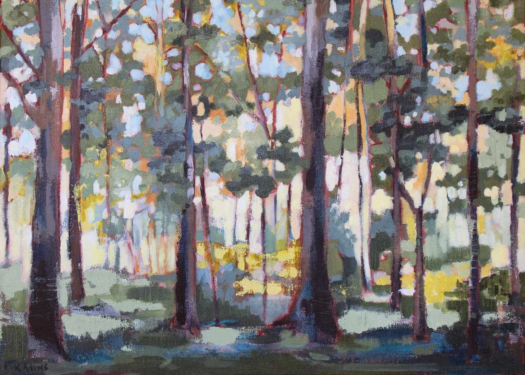 Impressionist painting of a sunlit forest with tall trees and greenery