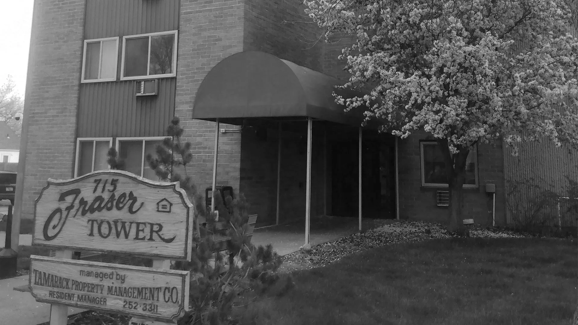 Fraser Tower sign and front entryway