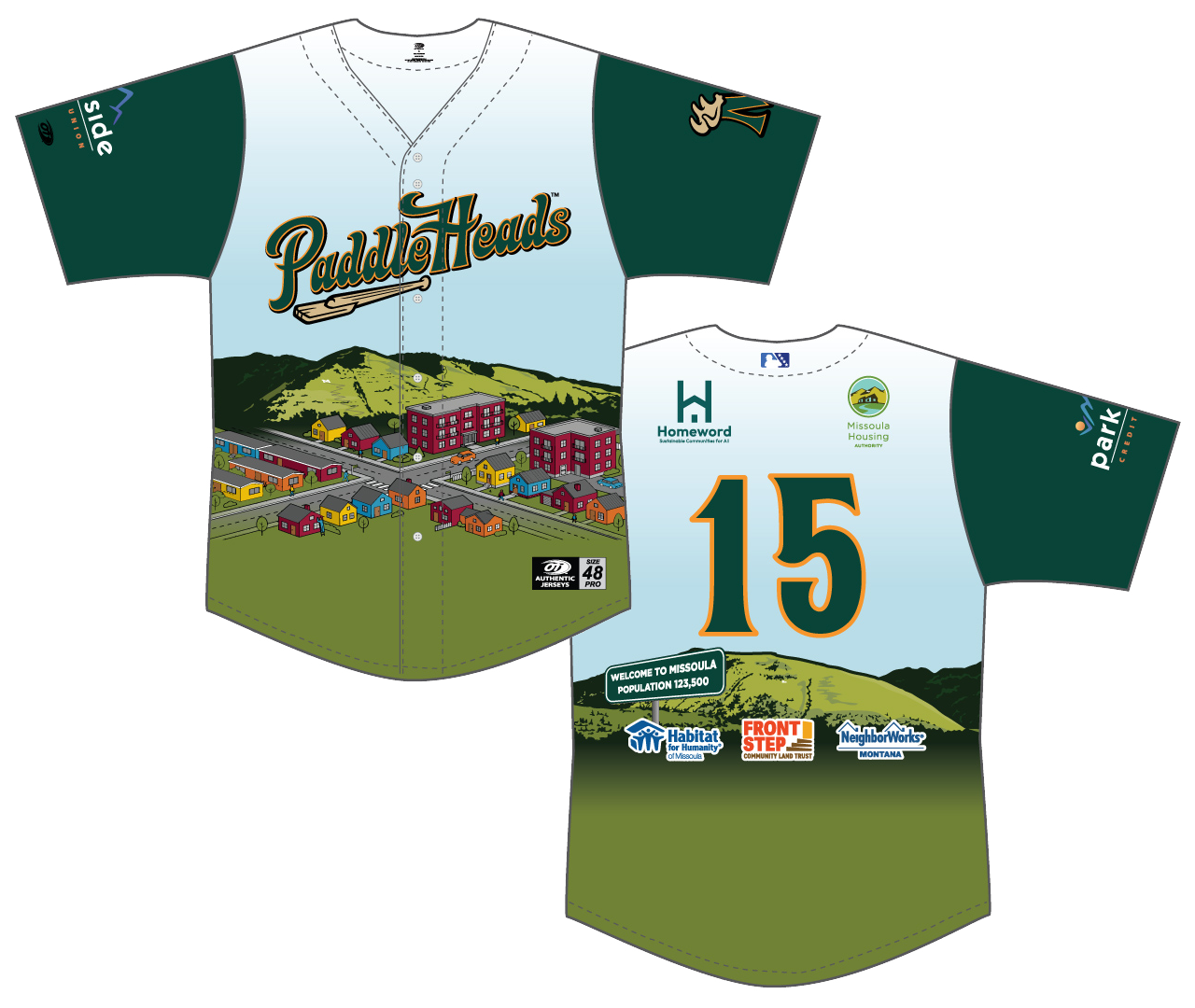 Housing Night custom jersey with single-family, multi-family and resident-owned homes with Mt. Sentinel on the front and housing partner logos on the back against a backdrop of Mt. Jumbo