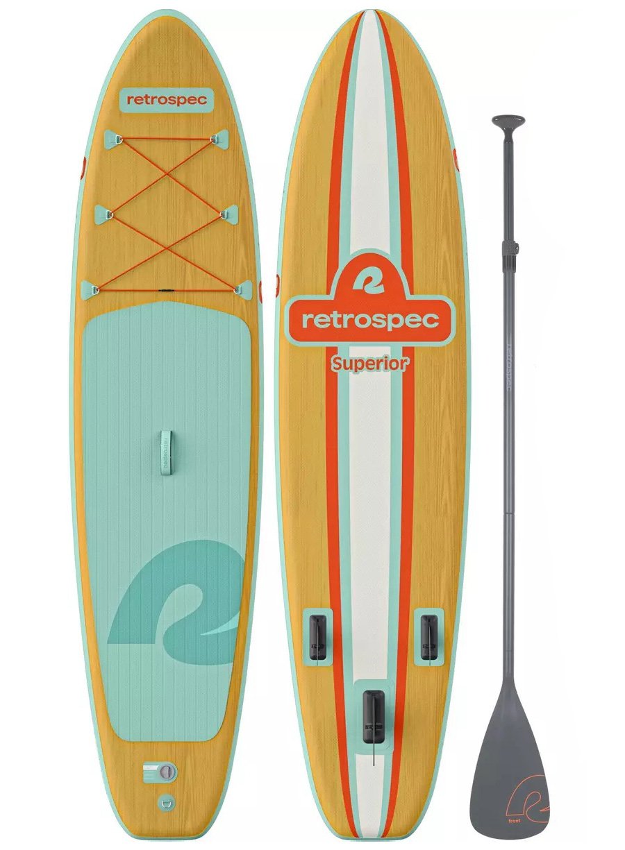 Light teal, light wood grain pattern, orange and white paddleboard and paddle