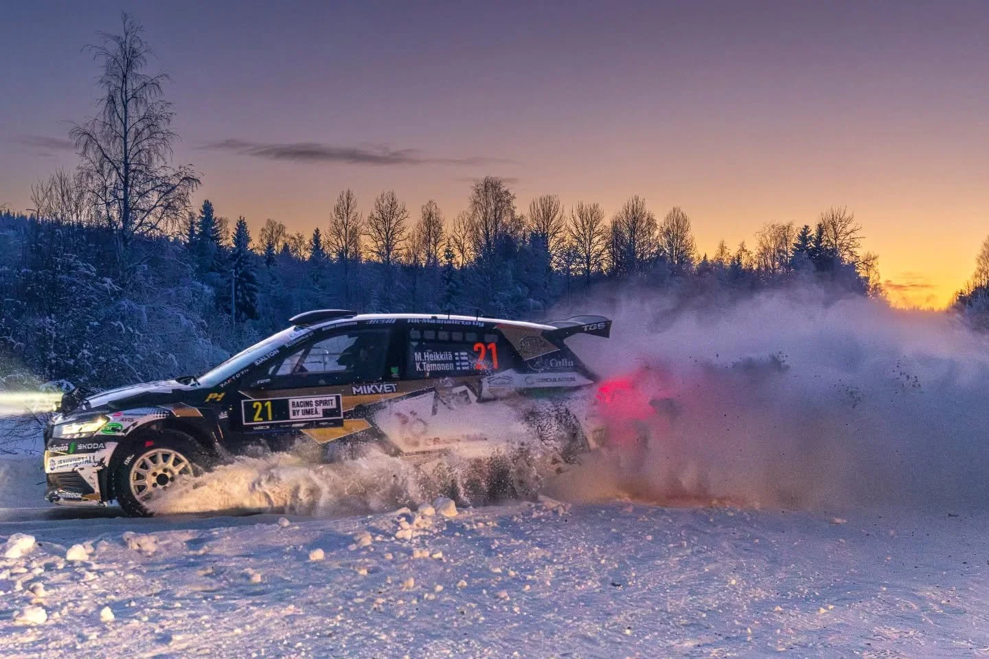 Frozen afterglow.

Mikko Heikkil&auml; and Kristian Temonen with the &Scaron;koda Fabia RS Rally2 cutting through the fading light at Rally Sweden 2026, the winter sky glowing above the frozen landscape.

📸 Marco Rimola
&copy;️ Pure WRC Agency
&copy