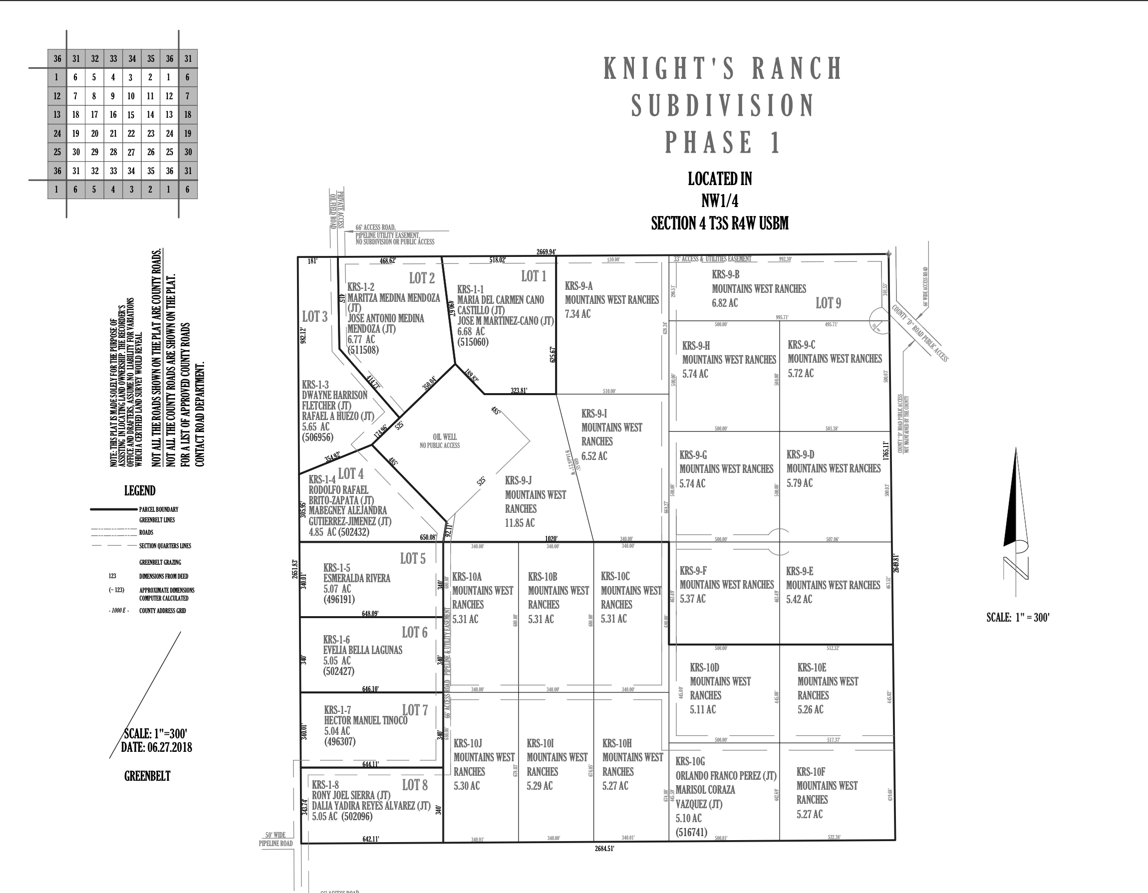 A detailed subdivision map of Knight's Ranch, Phase 1, showing lot boundaries, labels, and measurements, with a legend and north directional arrow.