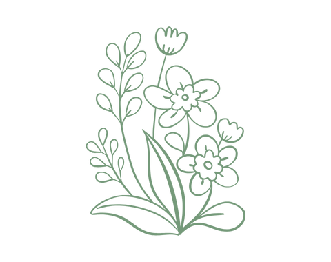 Line drawing of multiple flowers and leaves with stems