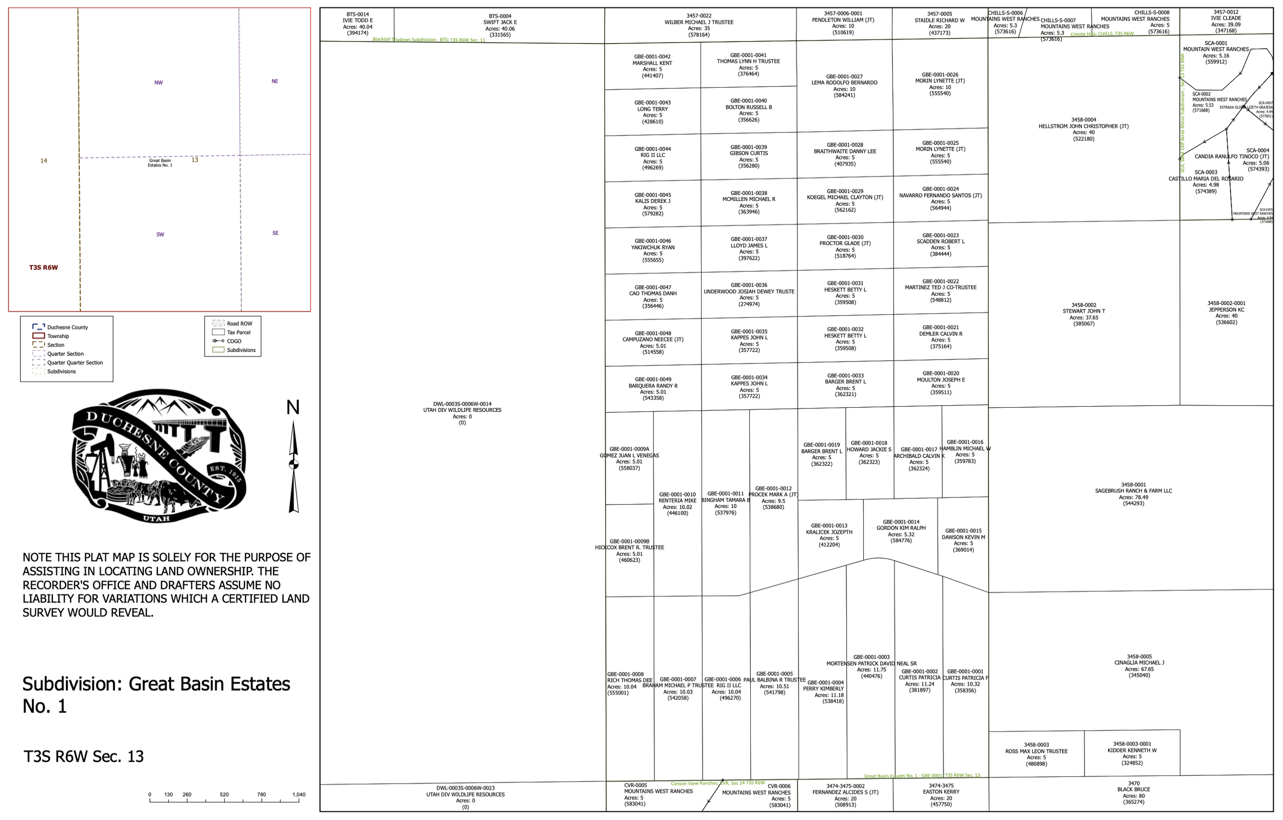 A detailed land subdivision map of Great Basin Estates, Section 13, showing parcel boundaries, roads, and various landowners' names and parcel sizes, with a inset map of Dauchesne County highlighting the location.