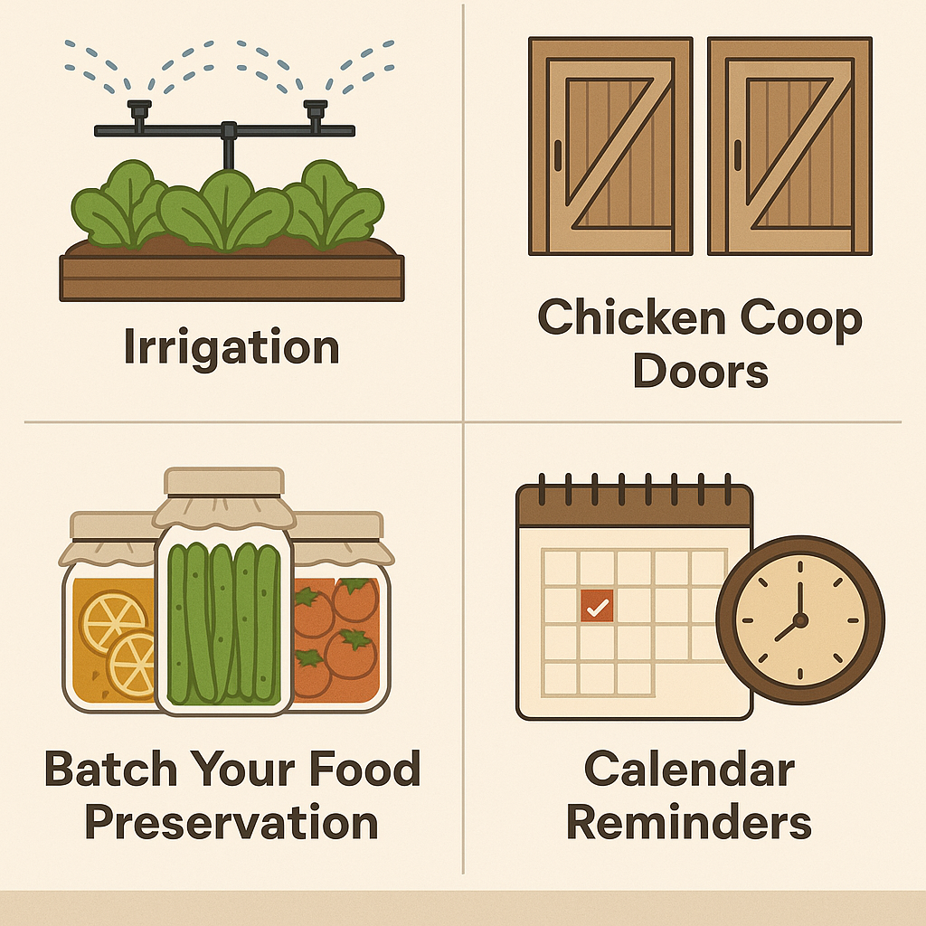 irrigation, chicken coop doors, batch food preservation, calendar reminders