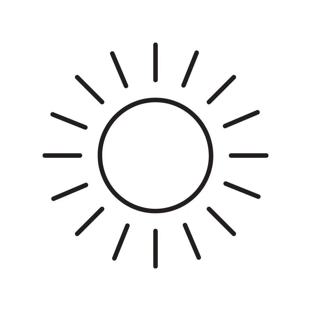 Simple black and white icon of a sun with rays extending outward from a circular center.