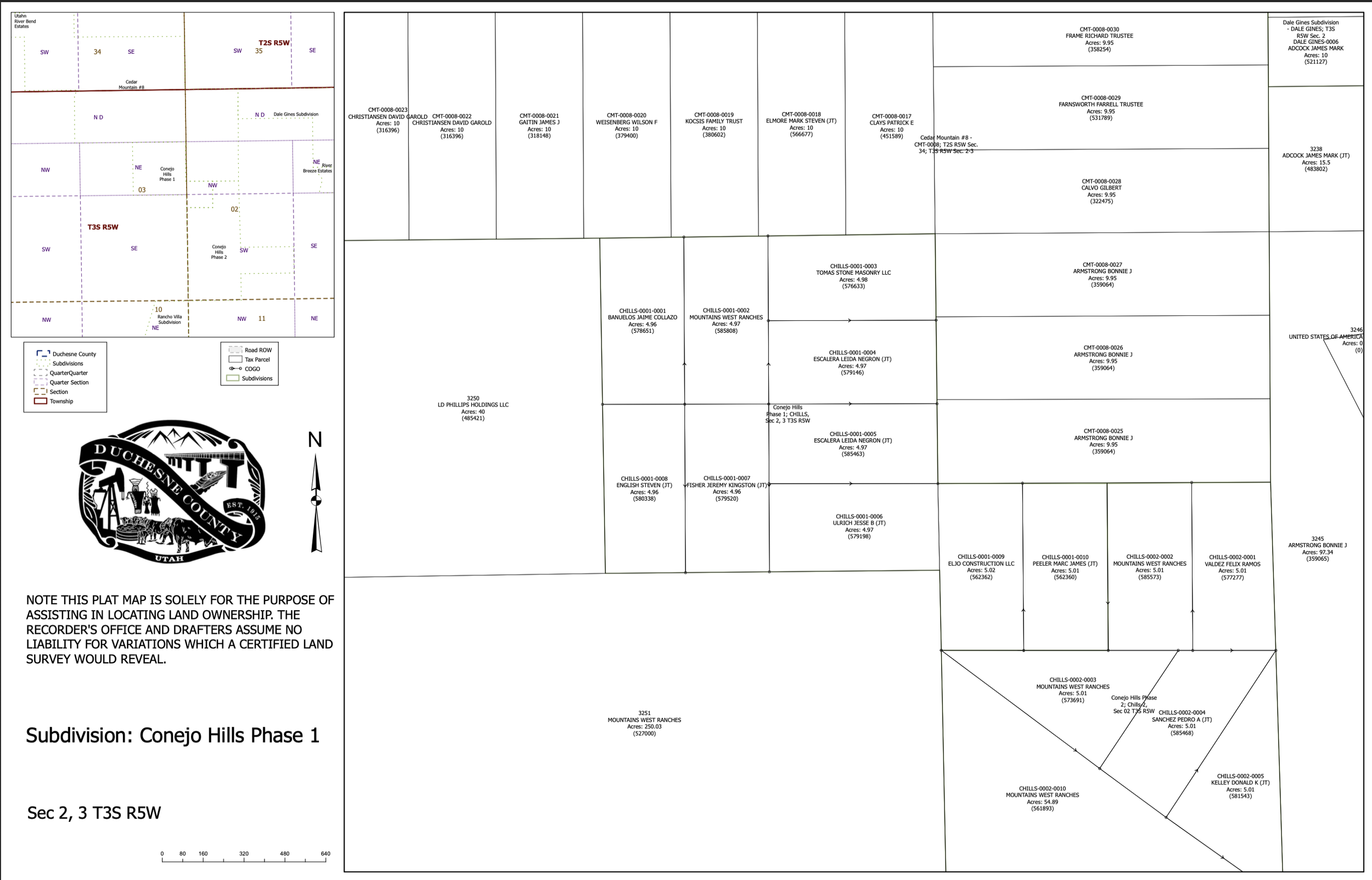 A detailed subdivision map of Conejo Hills Phase 1 in Duchesne County, Utah, showing land parcels, ownership boundaries, and lot numbers with labels for various ownership entities.