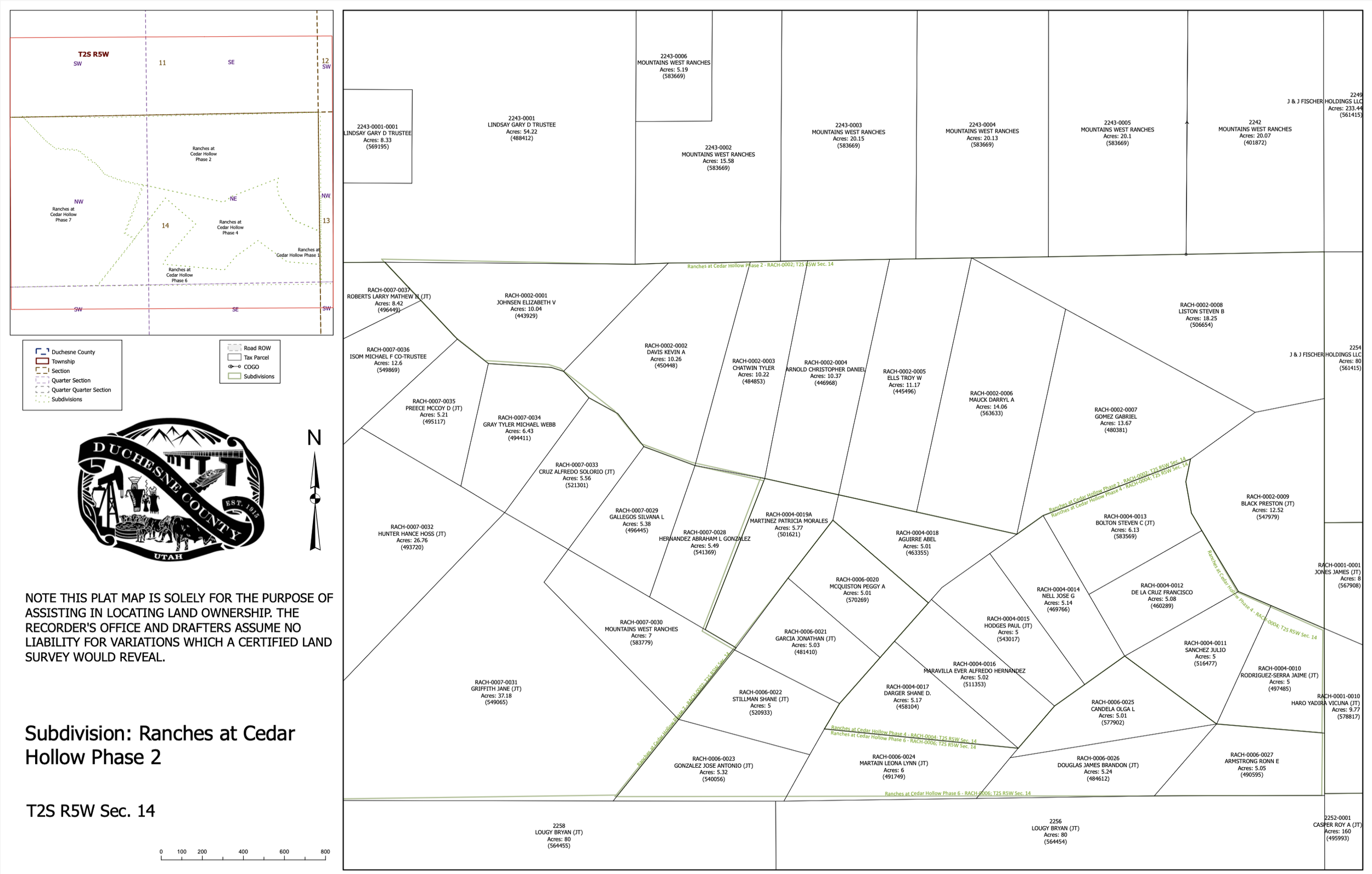 Subdivision map of Ranches at Cedar Hollow Phase 2 in Duchesne County, Utah, showing plot divisions, roads, and landmarks, with a legend explaining symbols for roads, sections, and subdivision boundaries.