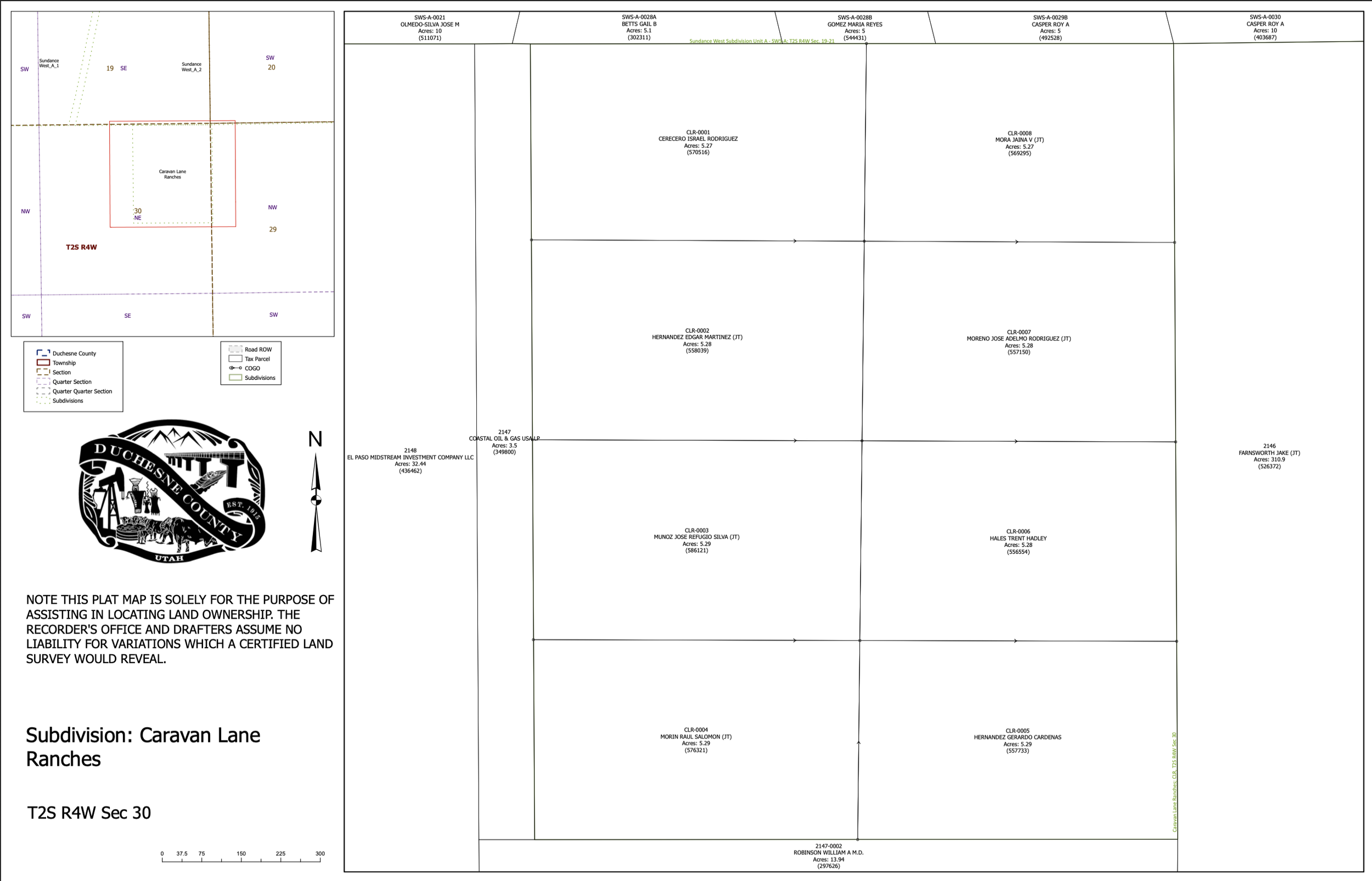 Land subdivision map showing parcels in Duchesne County, Utah, including Caravan Lane Ranches subdivision and various lot boundaries marked with owner names, lot sizes, and section details.
