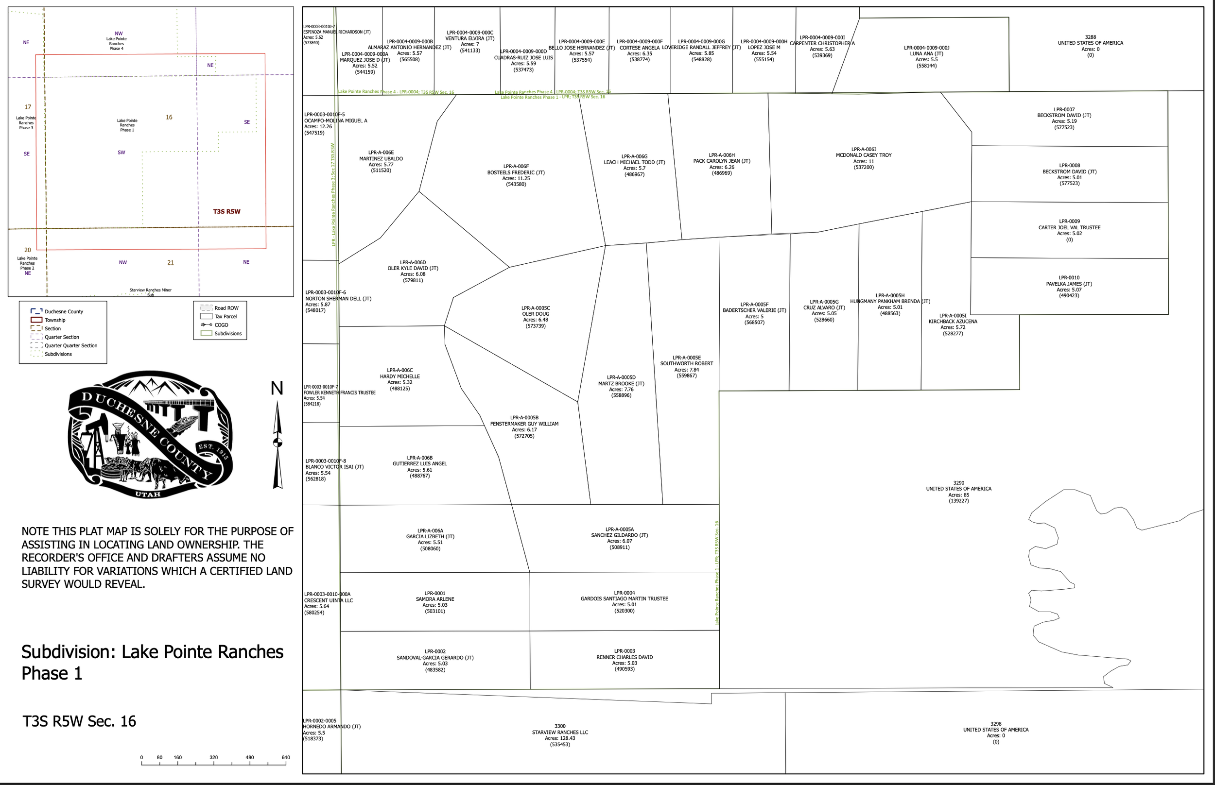 A detailed land subdivision map of Lake Pointe Ranches, Phase 1, Section 16 in Duchesne County, Utah. It includes property plots, roads, township and section boundaries, and a North arrow. Inset shows a larger map of the region with sector highlights. The map features the Duchesne County seal.