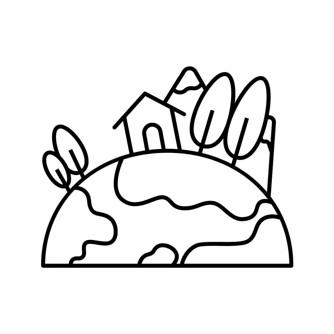Line drawing of a small house, trees, and a mountain on a rounded piece of land.