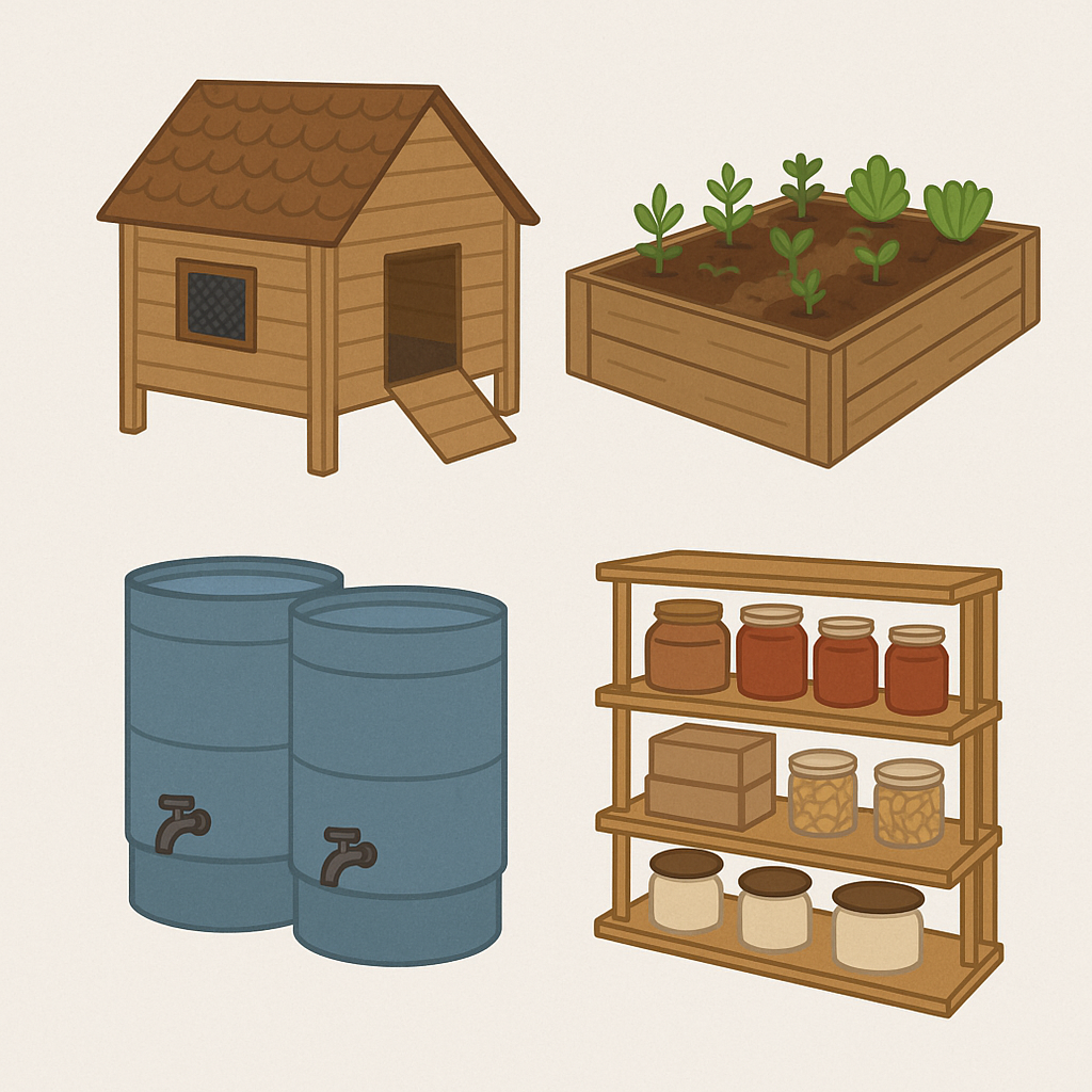 chicken coops, seasonal garden, install rain barrels, prep pantry